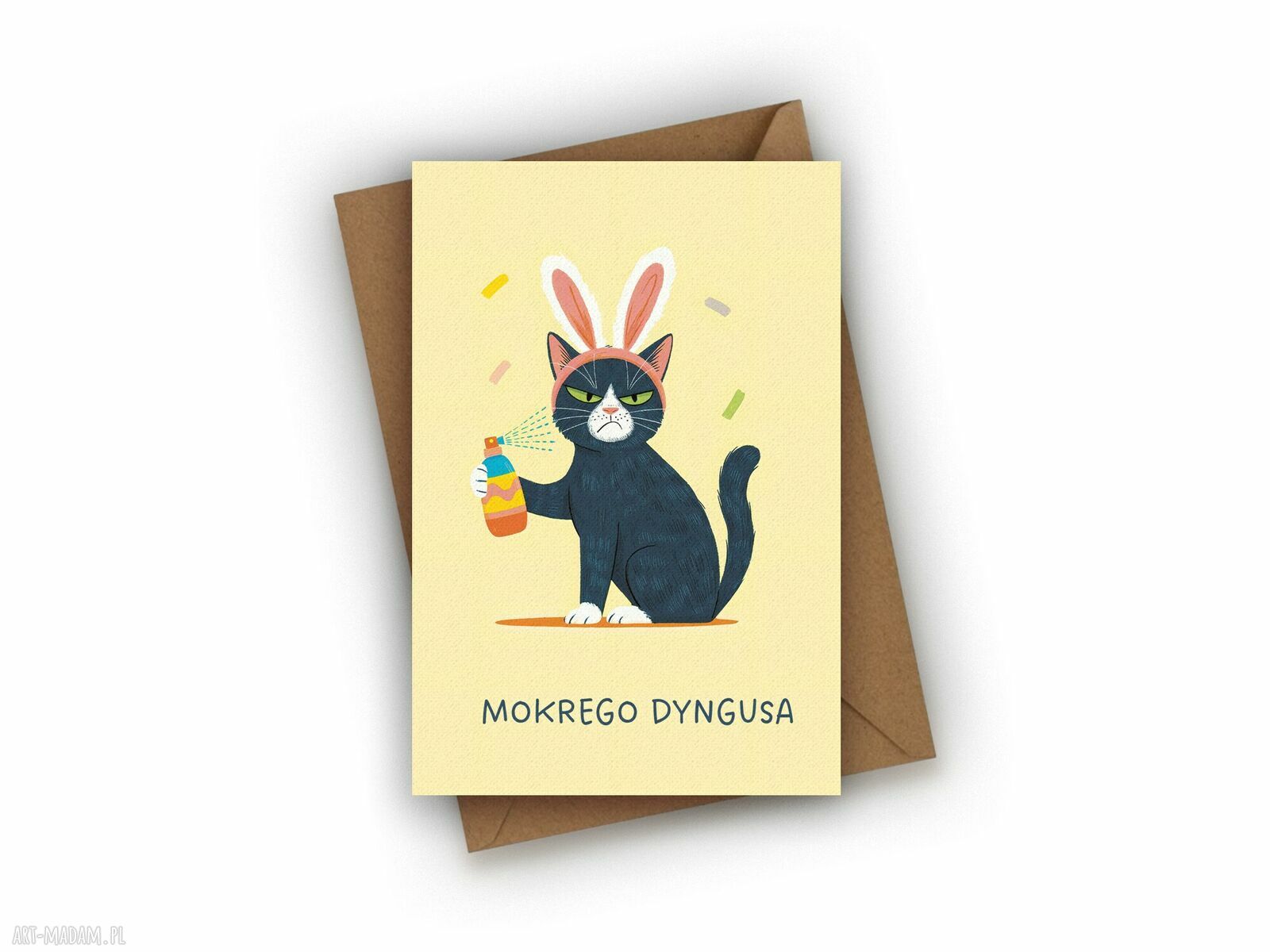 Kartka wielkanocna Mokrego Dyngusa z kotem