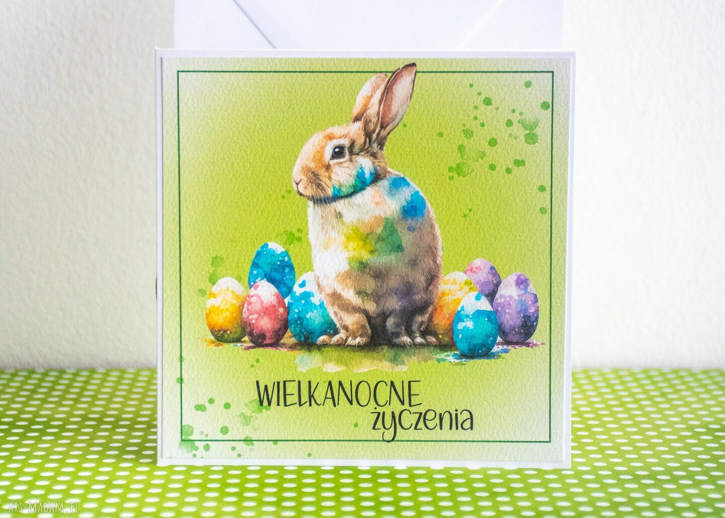 Kartka wielkanocna z króliczkiem i pisanką - Wielkanocne życzenia
