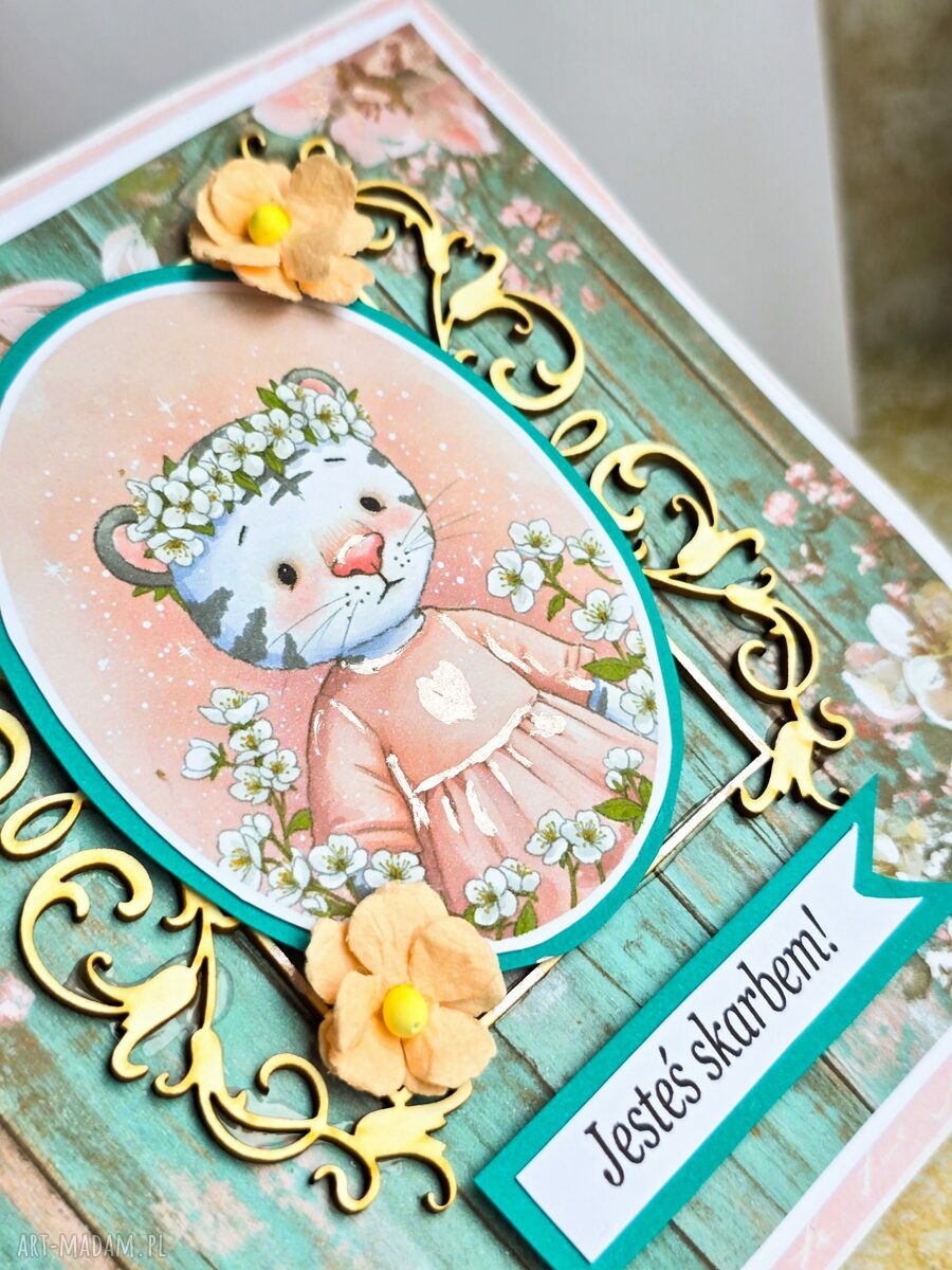 Kartka scrapbooking na roczek dla dziewczynki - Jesteś skarbem z białym tygryskiem