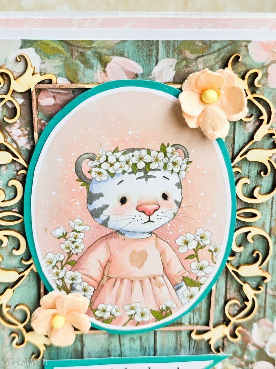 Kartka scrapbooking na roczek dla dziewczynki - Jesteś skarbem z białym tygryskiem