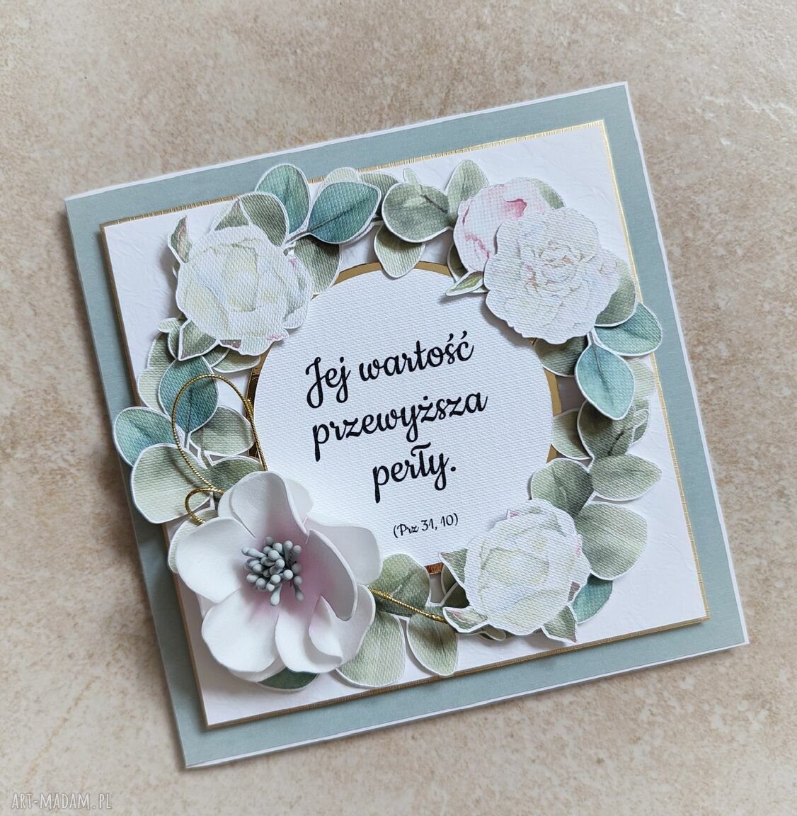 Kartka z cytatem z Pisma Świętego - ręcznie robiony scrapbooking z zielonym wiankiem