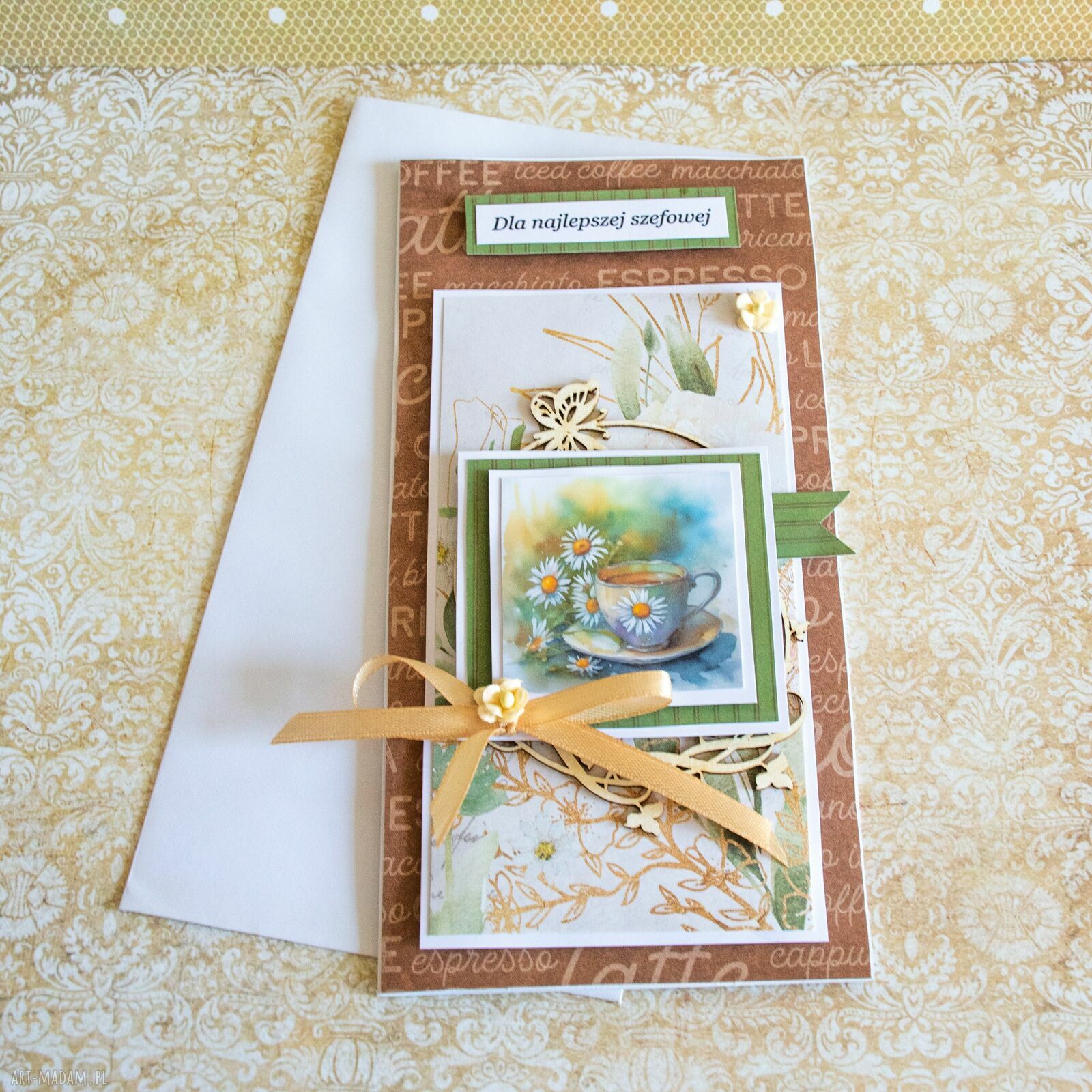 Kartka z filiżanką dla najlepszej szefowej - ręcznie robiona (scrapbooking) z kopertą