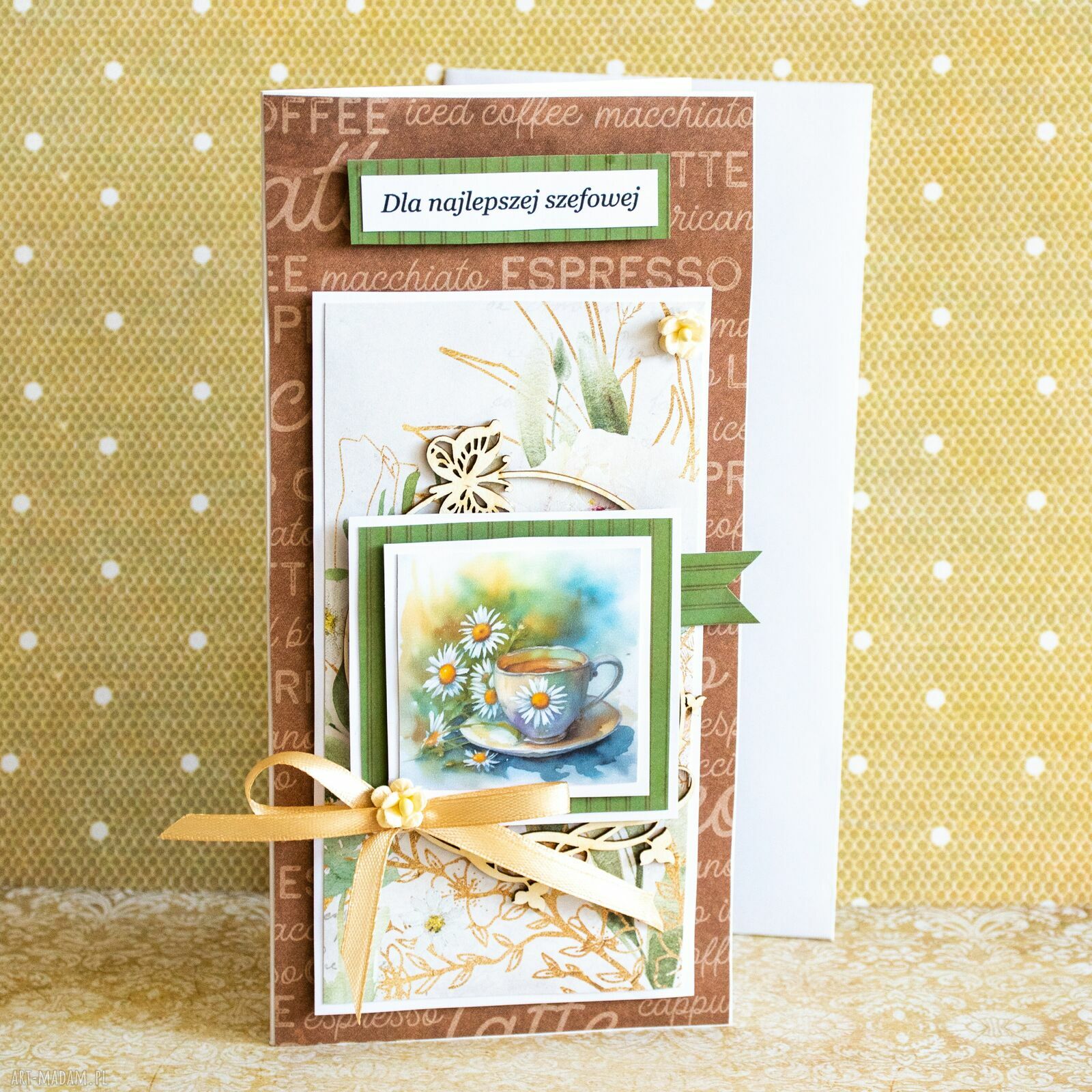Kartka z filiżanką dla najlepszej szefowej - ręcznie robiona scrapbooking z kopertą