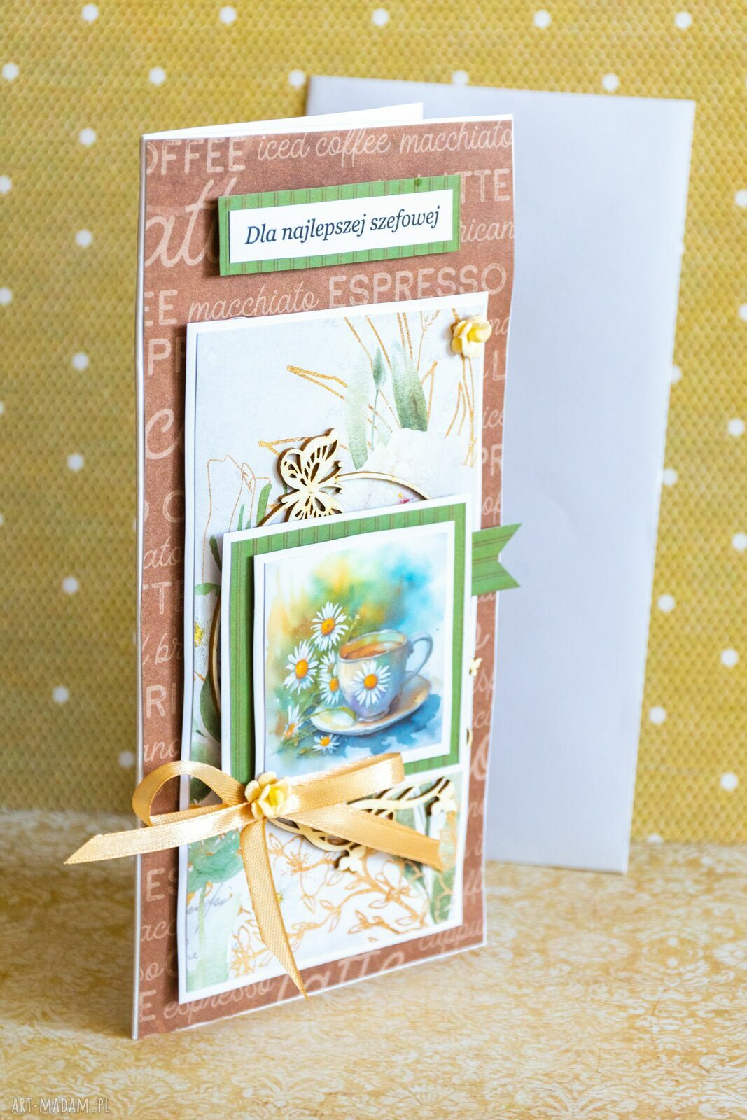 Kartka z filiżanką dla najlepszej szefowej - ręcznie robiona (scrapbooking) z kopertą