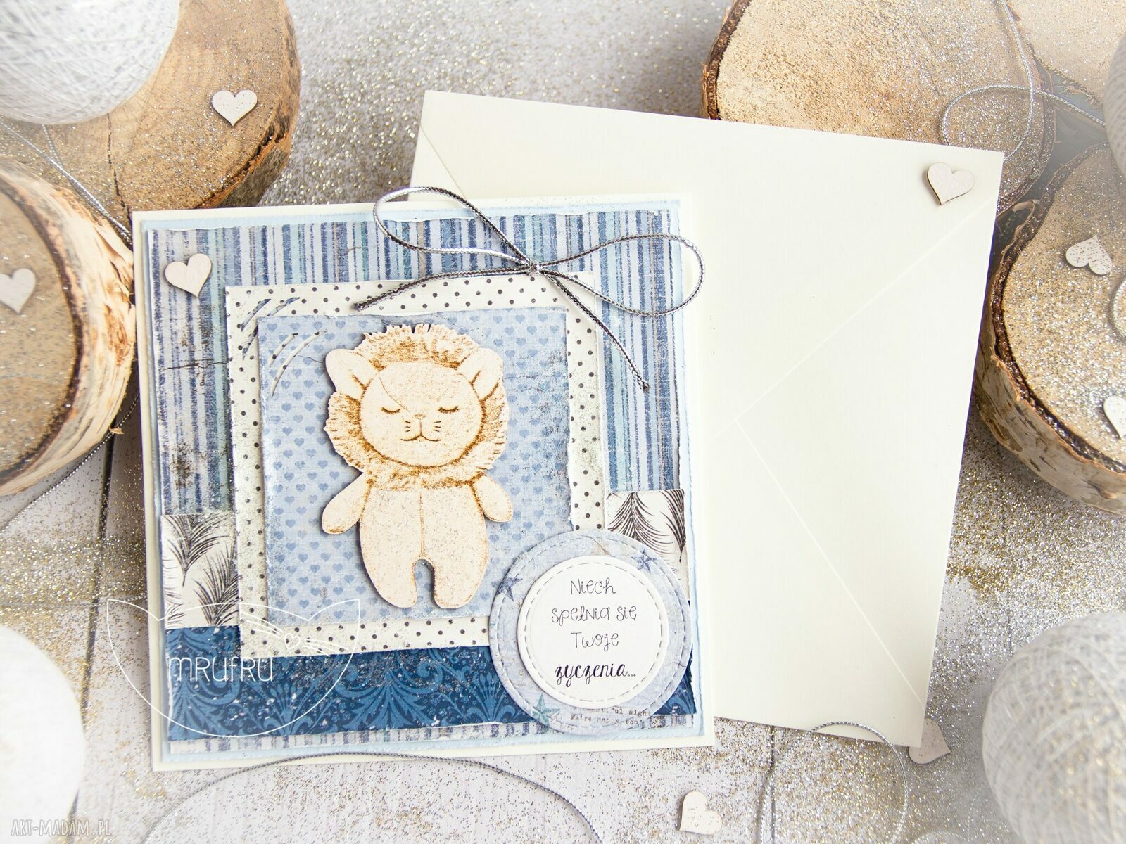 Kartka na roczek z lwem w kopercie - personalizowana handmade
