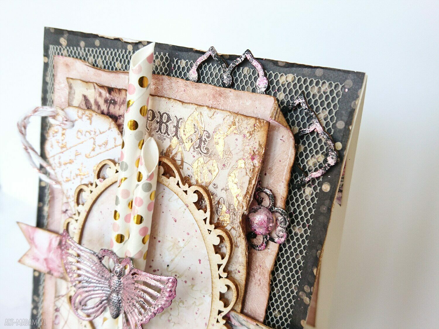 Kartka z motylem Różowe Złoto - vintage handmade na urodziny i imieniny