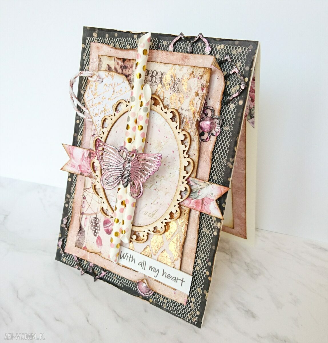 Kartka z motylem Różowe Złoto - vintage handmade na urodziny i imieniny