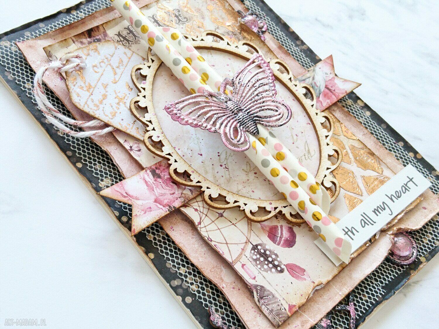 scrapbooking kartki: Kartka z motylem różowe złoto Handmade