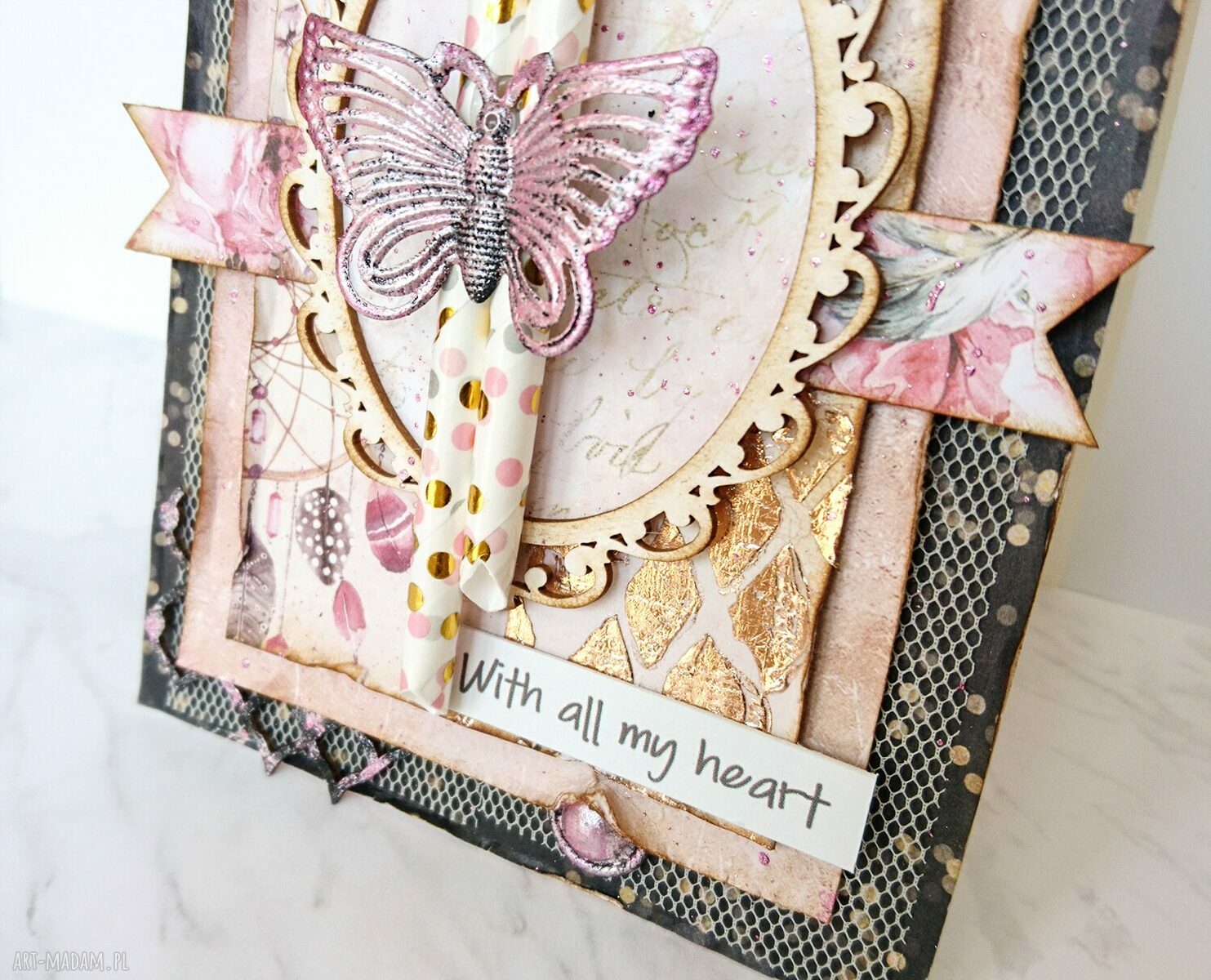 scrapbooking kartki: Kartka z motylem różowe złoto Handmade