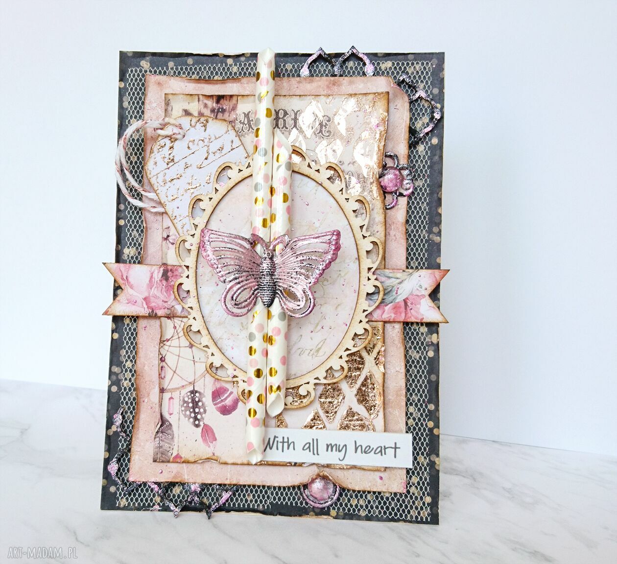 Kartka motylem różowe złoto motyle vintage urodziny imieniny
