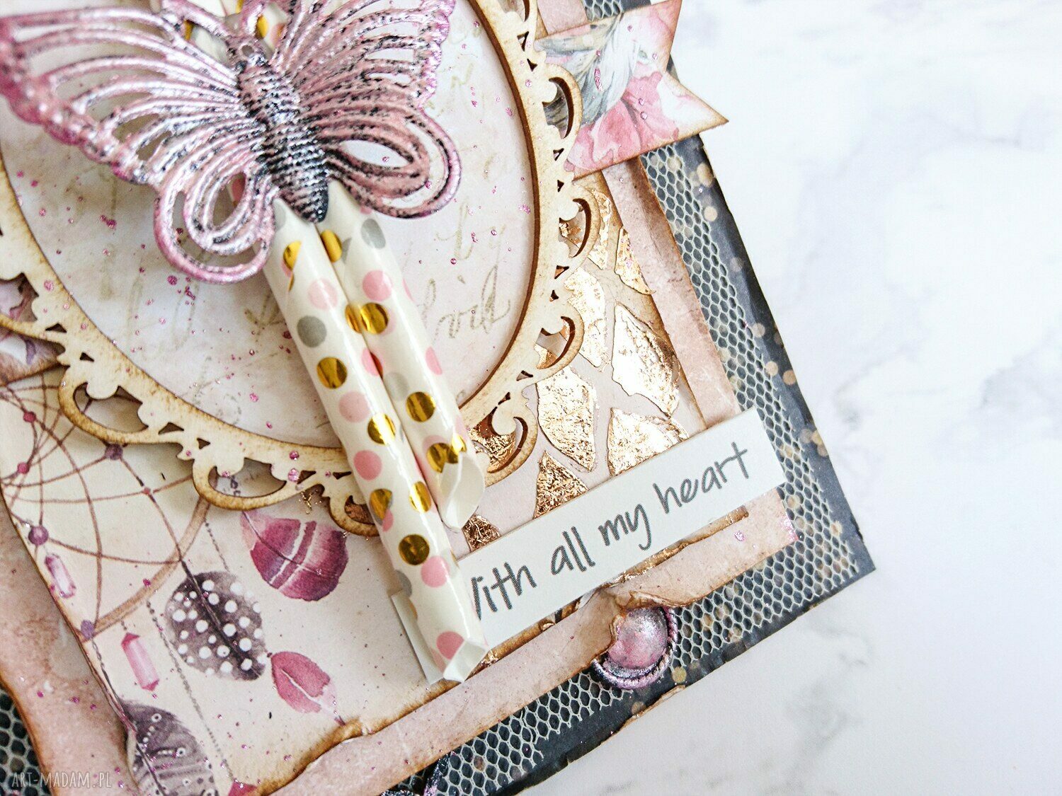 scrapbooking kartki: Kartka z motylem różowe złoto Handmade