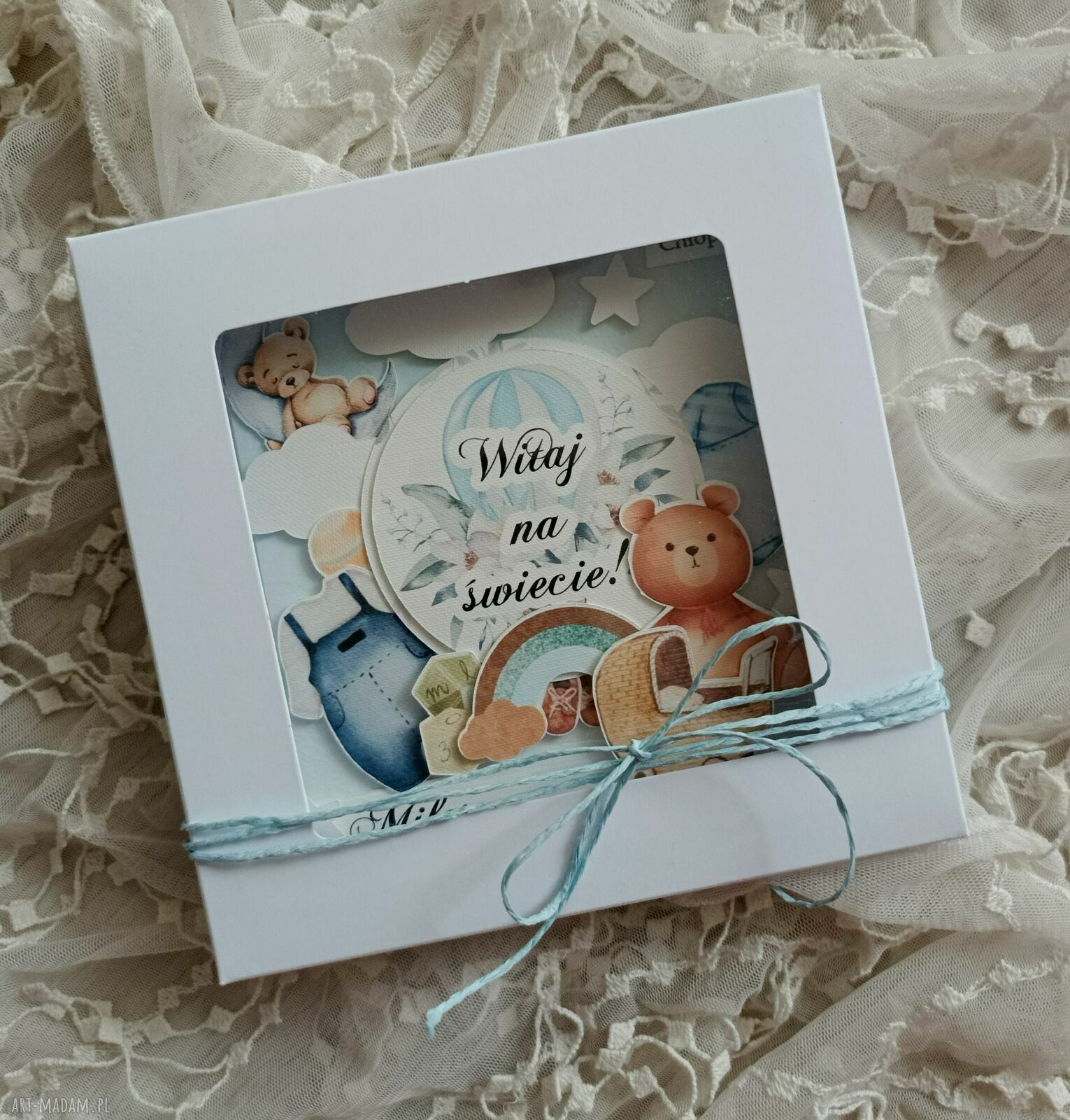 Kartka z okazji narodzin dziecka dla chłopca - scrapbooking 14x14 cm