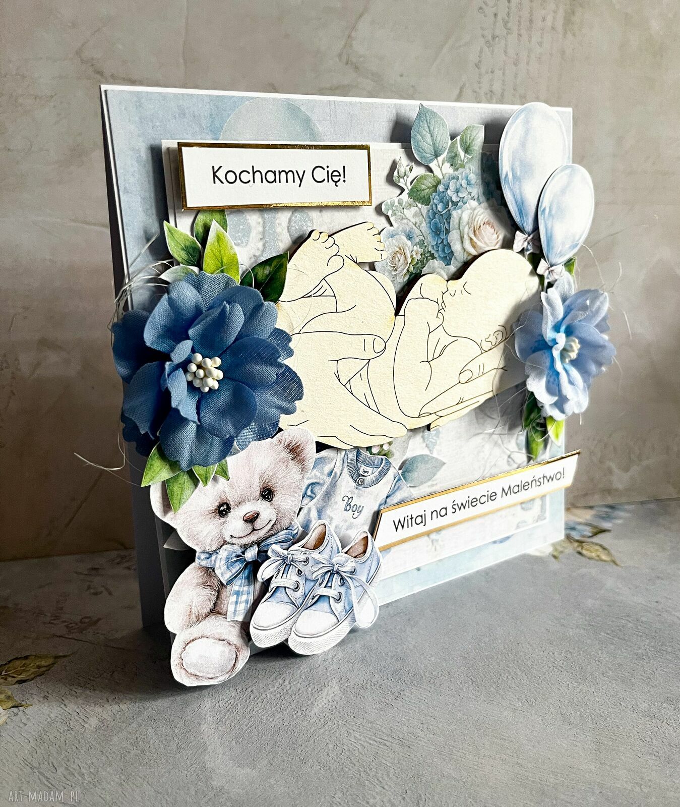 Kartka z okazji narodzin chłopca w pudełku - scrapbooking handmade