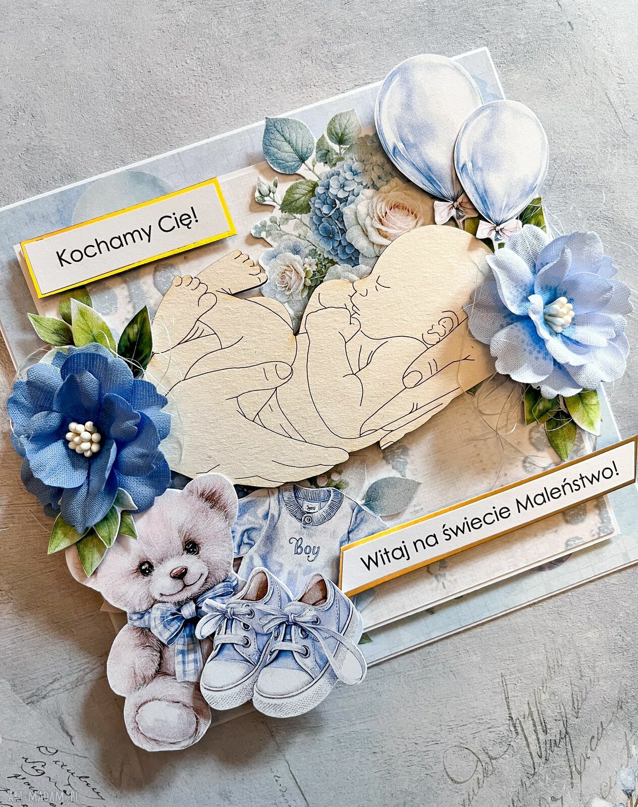 Kartka z okazji narodzin chłopca w pudełku - scrapbooking handmade