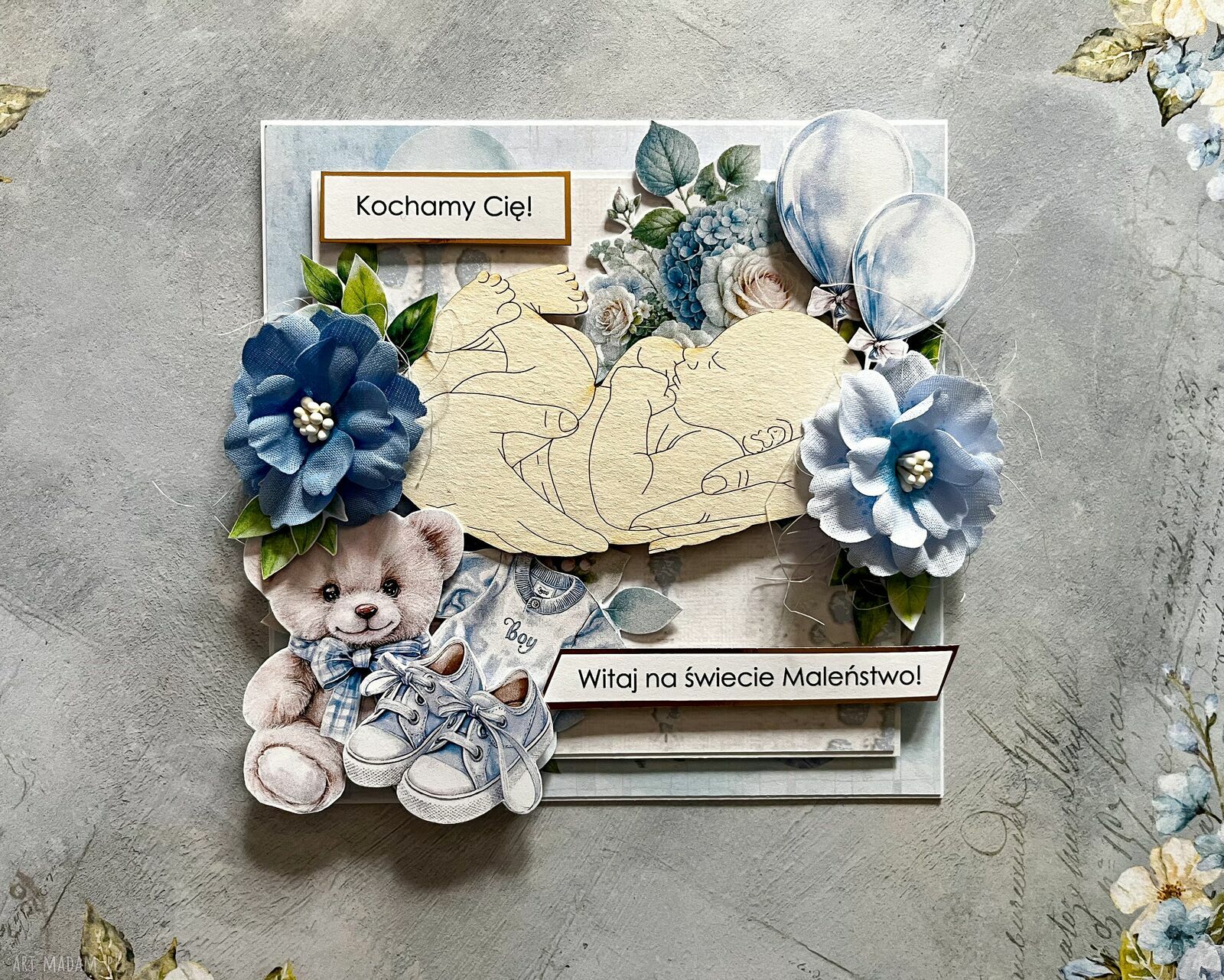 Kartka z okazji narodzin chłopca w pudełku - scrapbooking handmade