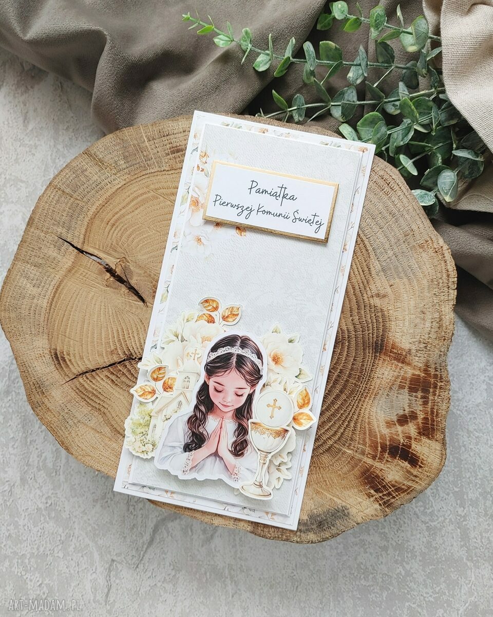 Kartka z okazji Pierwszej Komunii Świętej - ręcznie robiona scrapbooking z kopertą