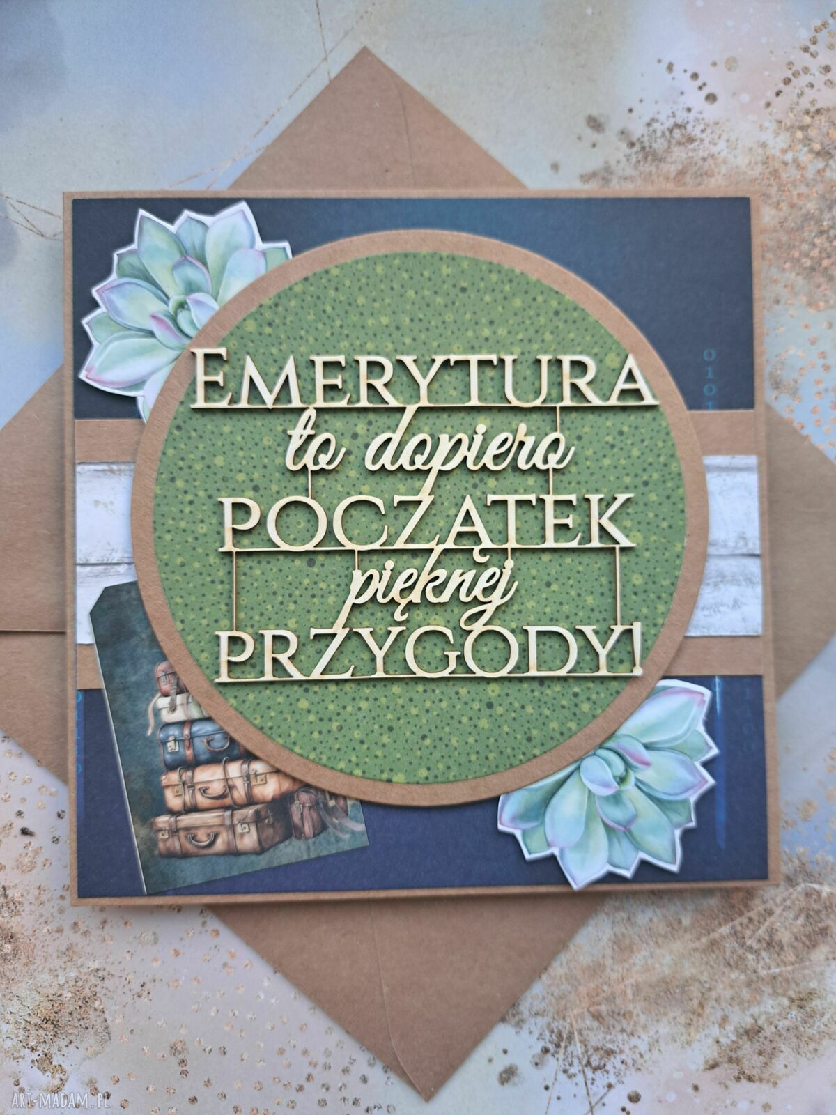 Kartka na emeryturę - ozdobna tekturka i koperta kraft