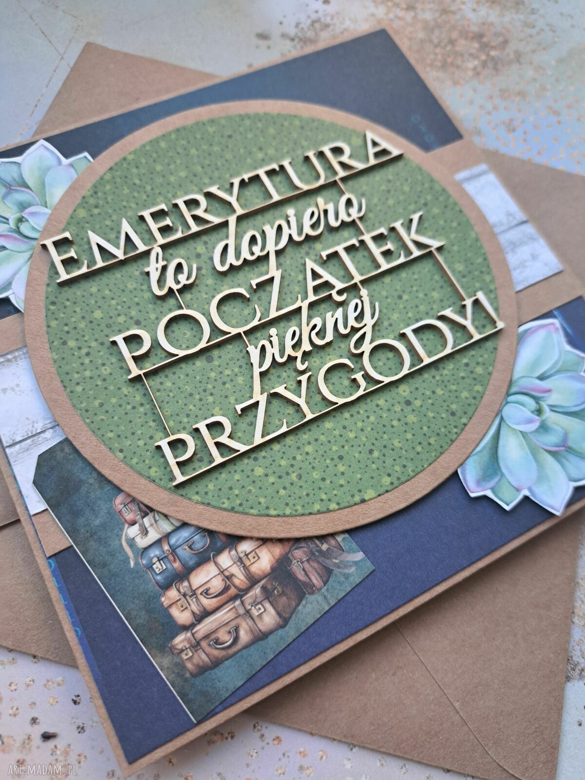 Kartka na emeryturę - ozdobna tekturka i koperta kraft