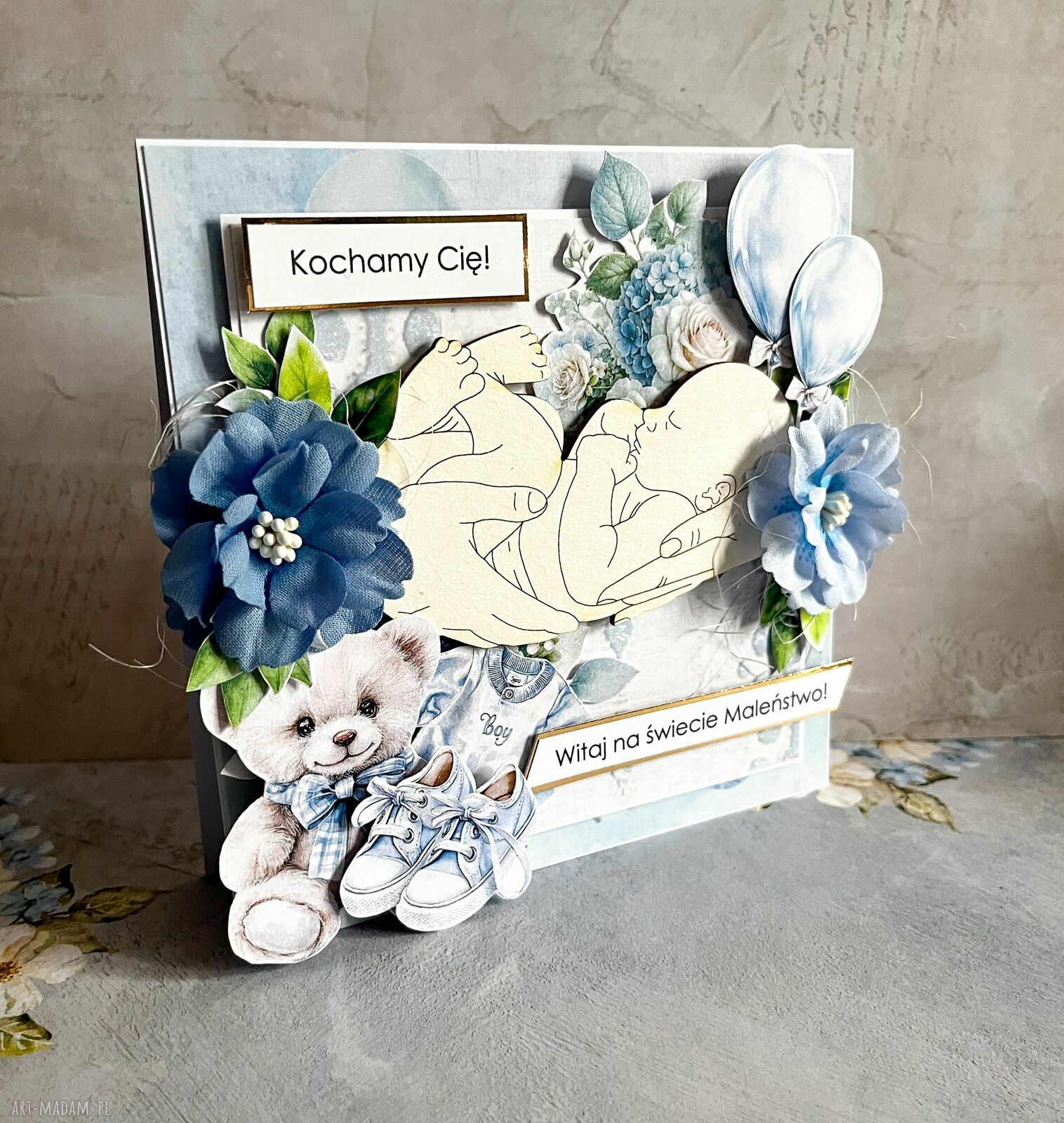 Kartka z okazji narodzin chłopca w pudełku - scrapbooking handmade