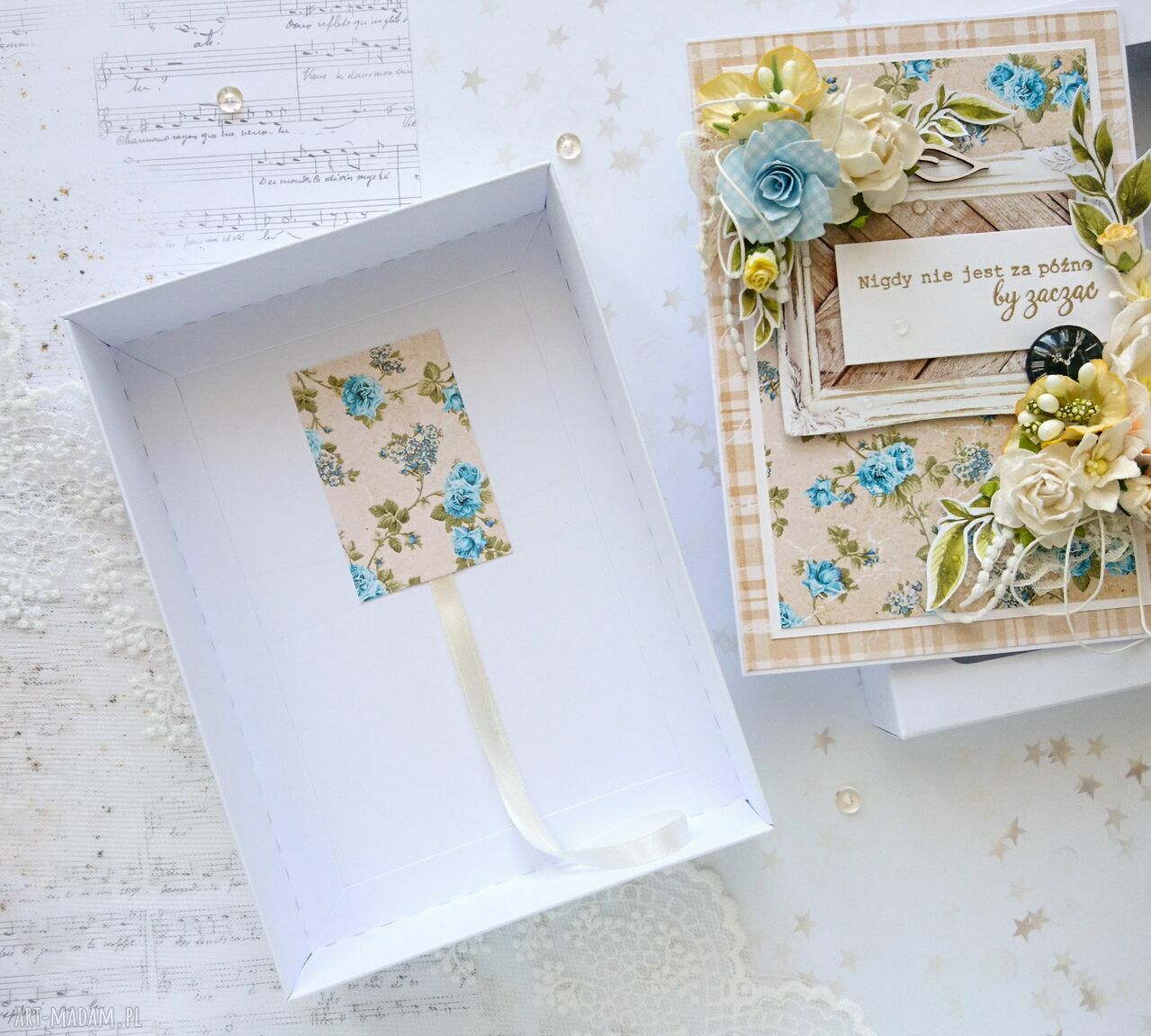 scrapbooking kartki: Kartka z pozytywnym hasłem, na niebiesko i żółto Hand Made