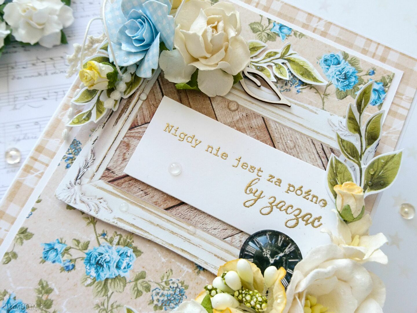 scrapbooking kartki: Kartka z pozytywnym hasłem, na niebiesko i żółto Hand Made