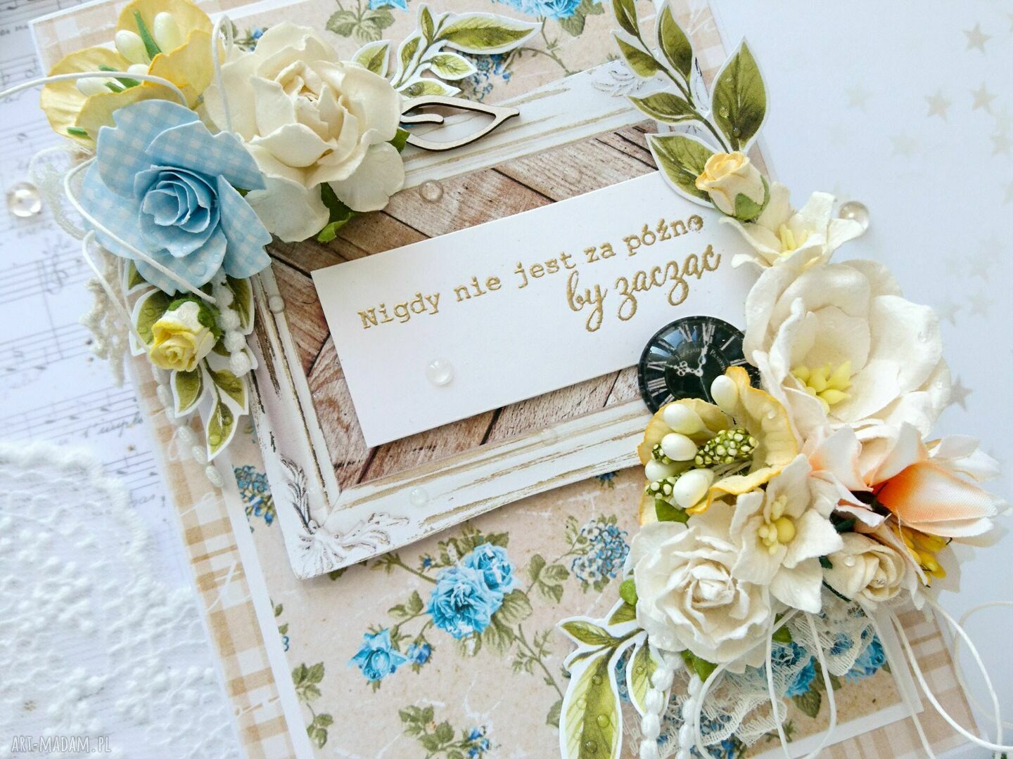 scrapbooking kartki: Kartka z pozytywnym hasłem, na niebiesko i żółto Hand Made