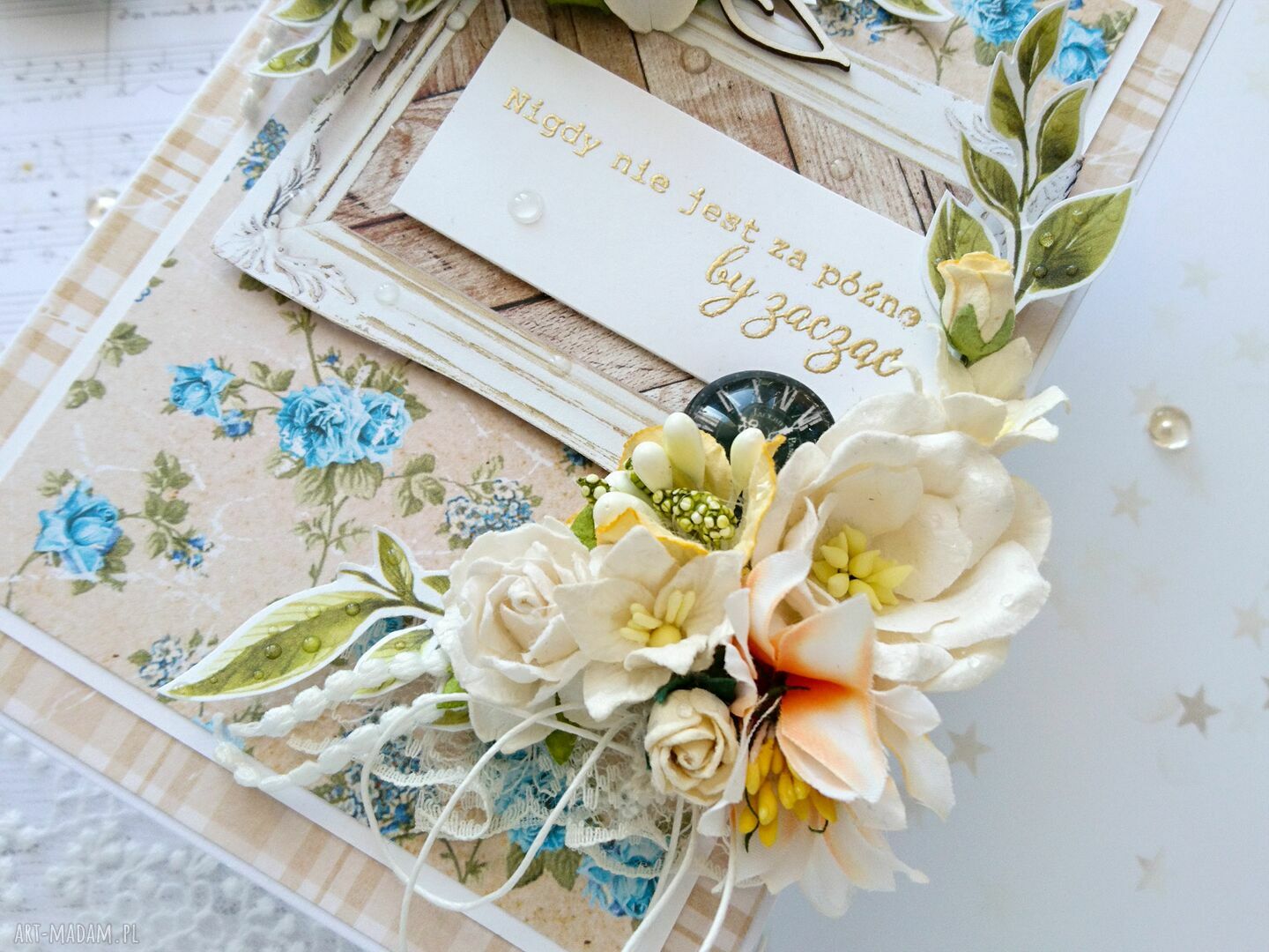 scrapbooking kartki: Kartka z pozytywnym hasłem, na niebiesko i żółto Hand Made