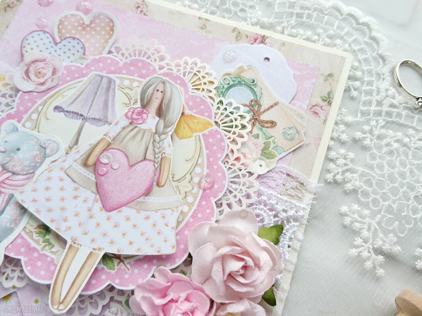 Różowa kartka handmade z Tildą w stylu shabby - dla niej