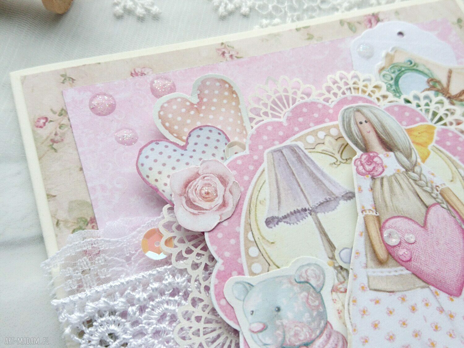 Różowa kartka handmade z Tildą w stylu shabby - dla niej