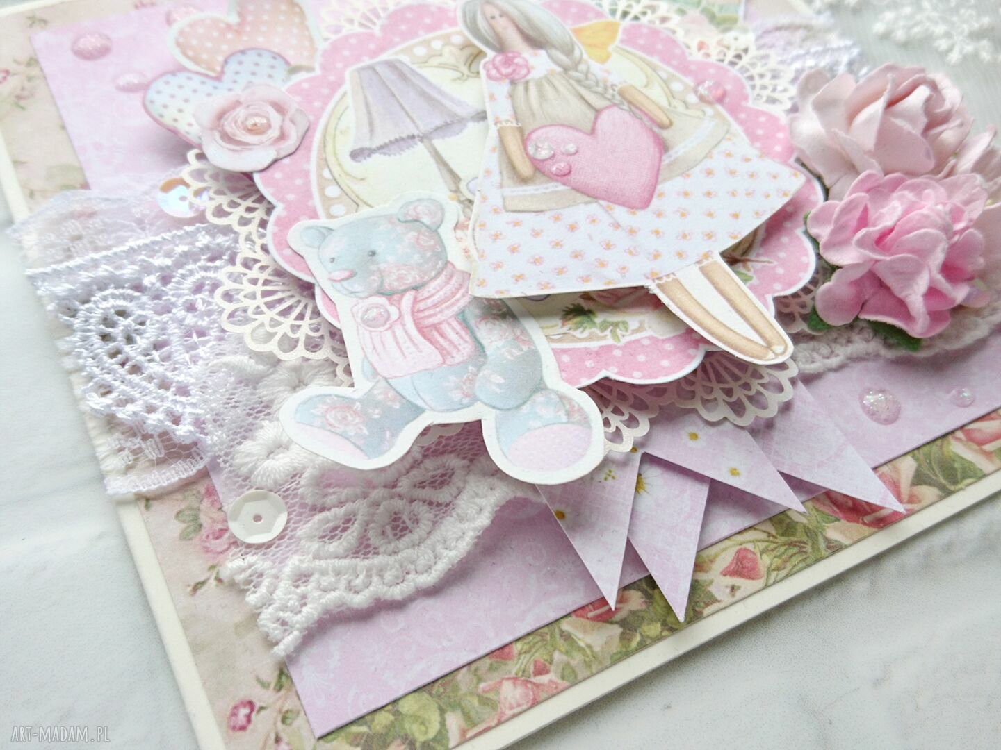 Różowa kartka handmade z Tildą w stylu shabby - dla niej