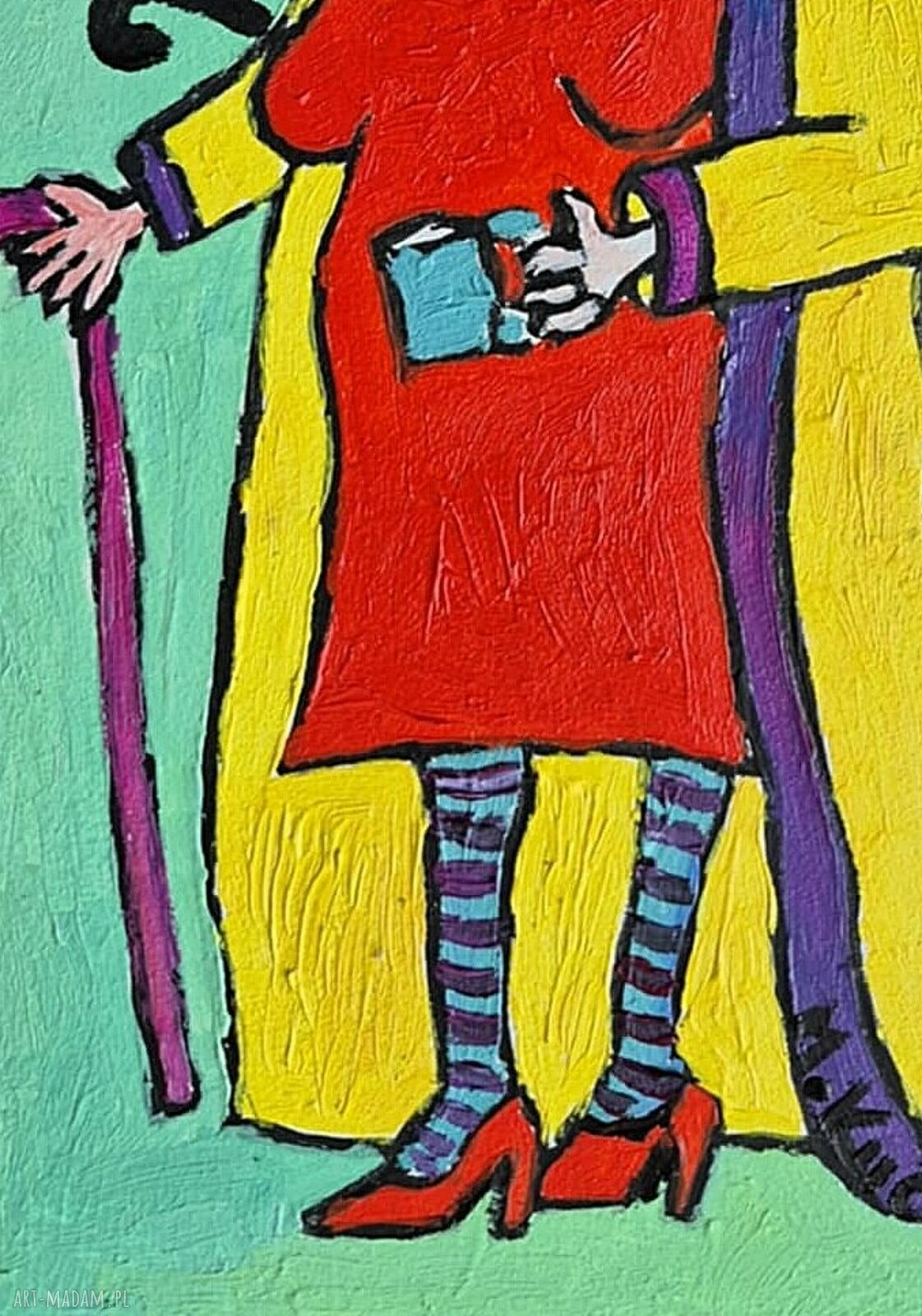 Obraz olejny „Gdzie te koty?” karykatura babci, 21x29 cm