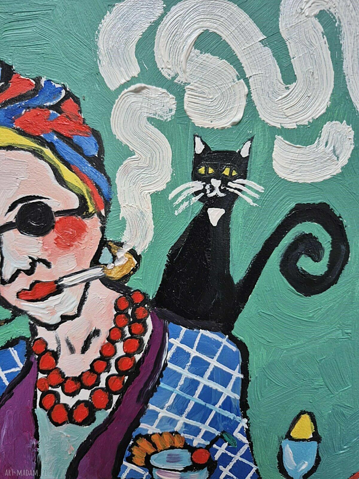 Obraz do salonu: Dama z kotem, malowany olejami 21x29 cm