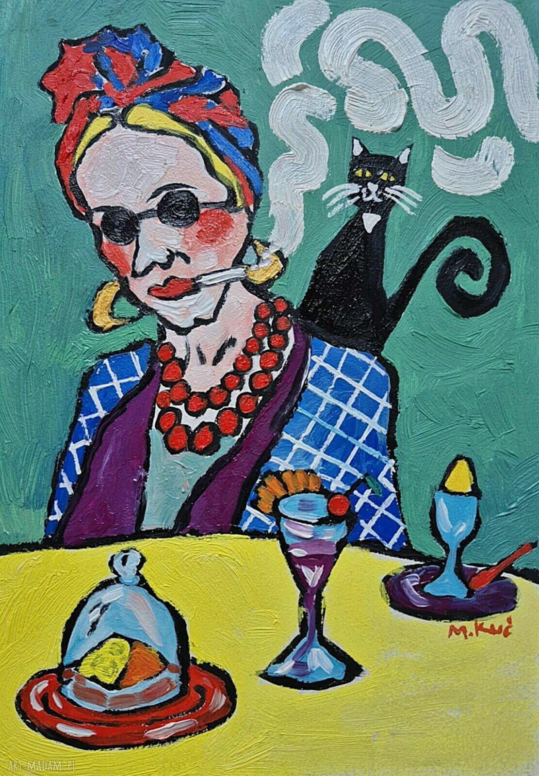 Obraz do salonu: Dama z kotem, malowany olejami 21x29 cm
