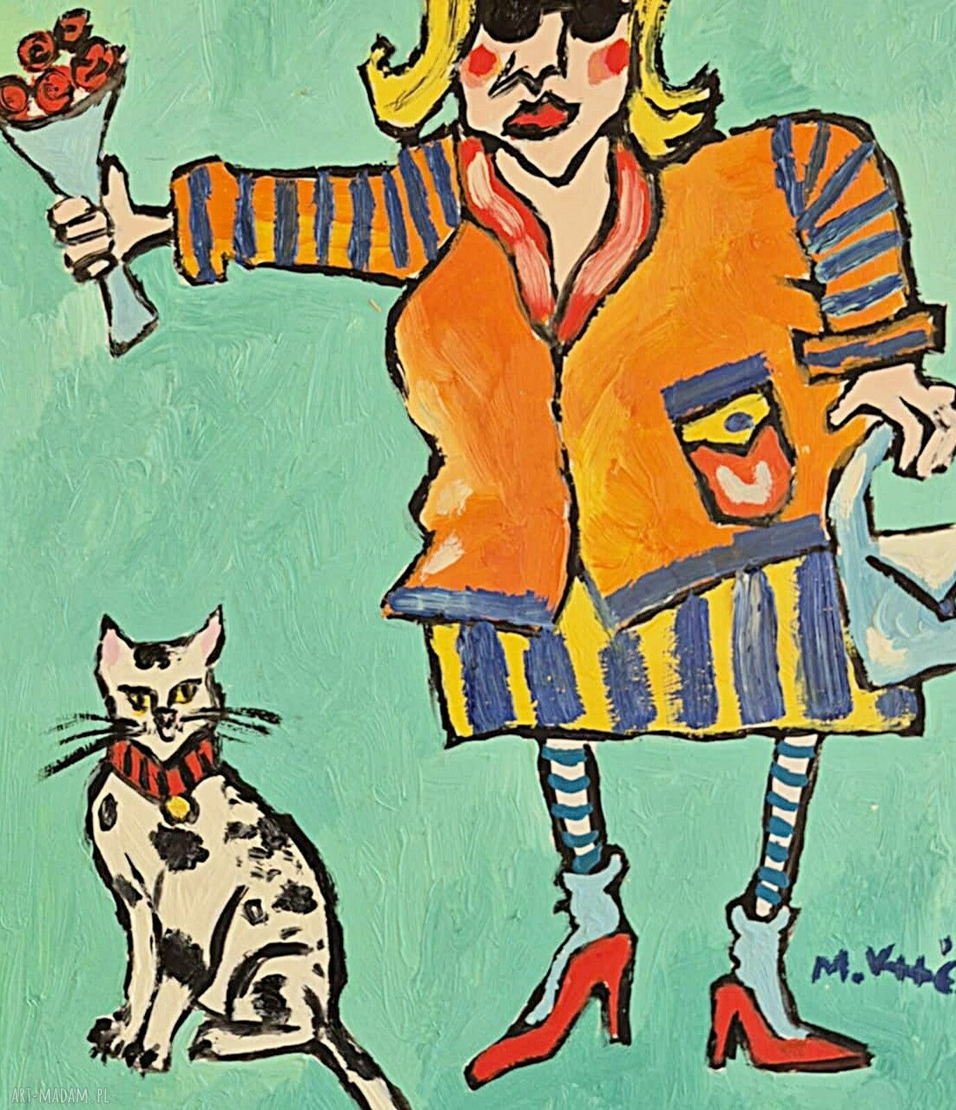 Obraz olejny „Dama i kot” dla Babci i Dziadka 21x29 cm