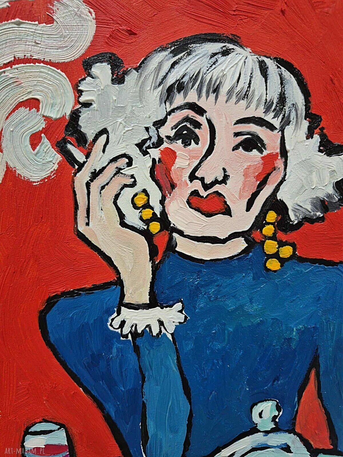 Obraz olejny „Dama wino, ser i papieros” limitowana ręcznie malowana kompozycja 21 x 29 cm