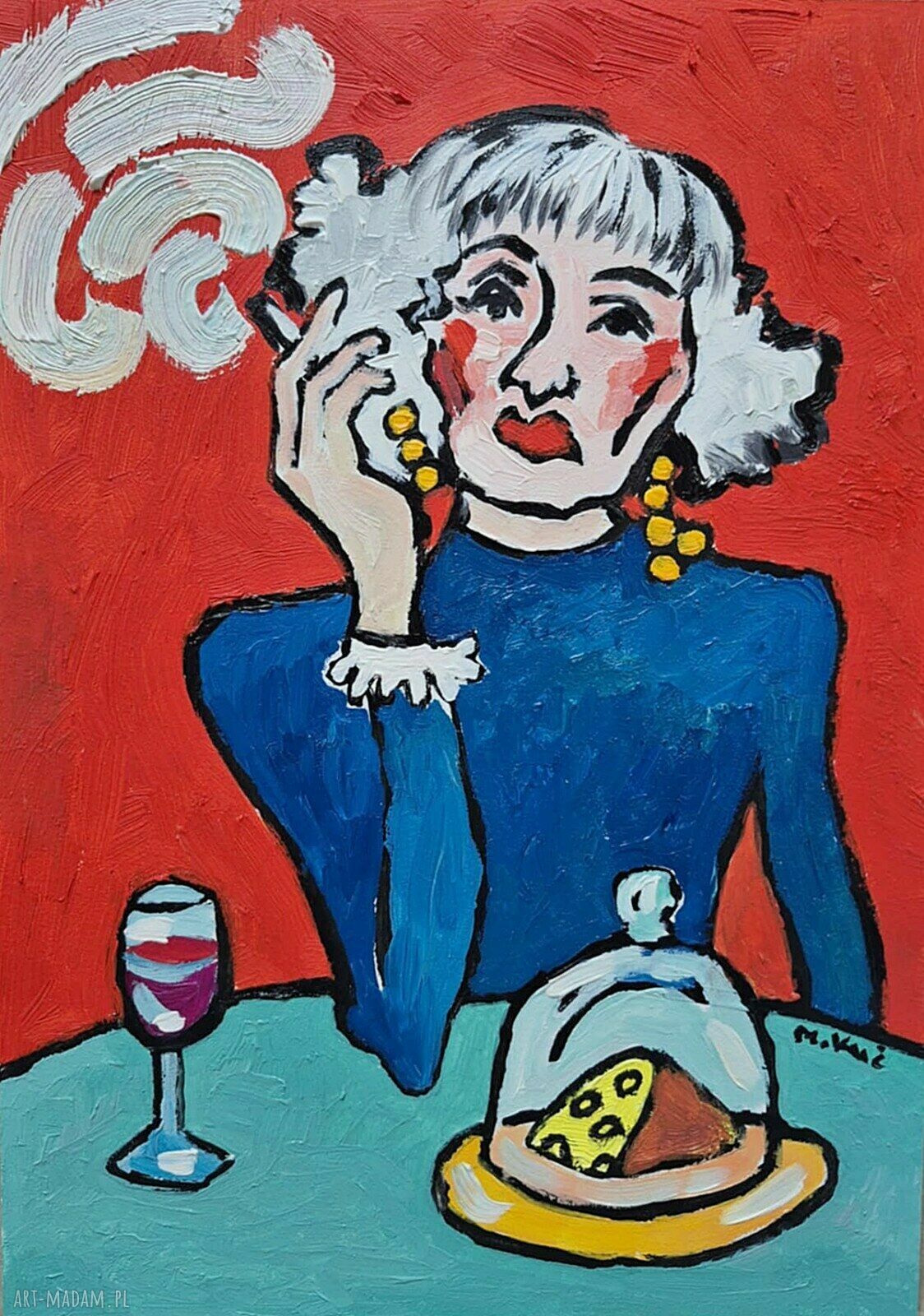Obraz olejny „Dama wino, ser i papieros” - limitowana ręcznie malowana kompozycja 21 x 29 cm