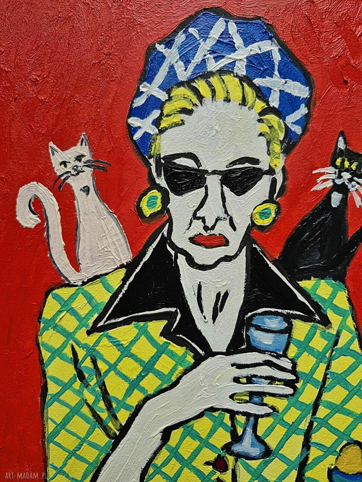 Obraz olejny „Ona i dwa cienie” portret kobiety z kotami, Carmenlotsu