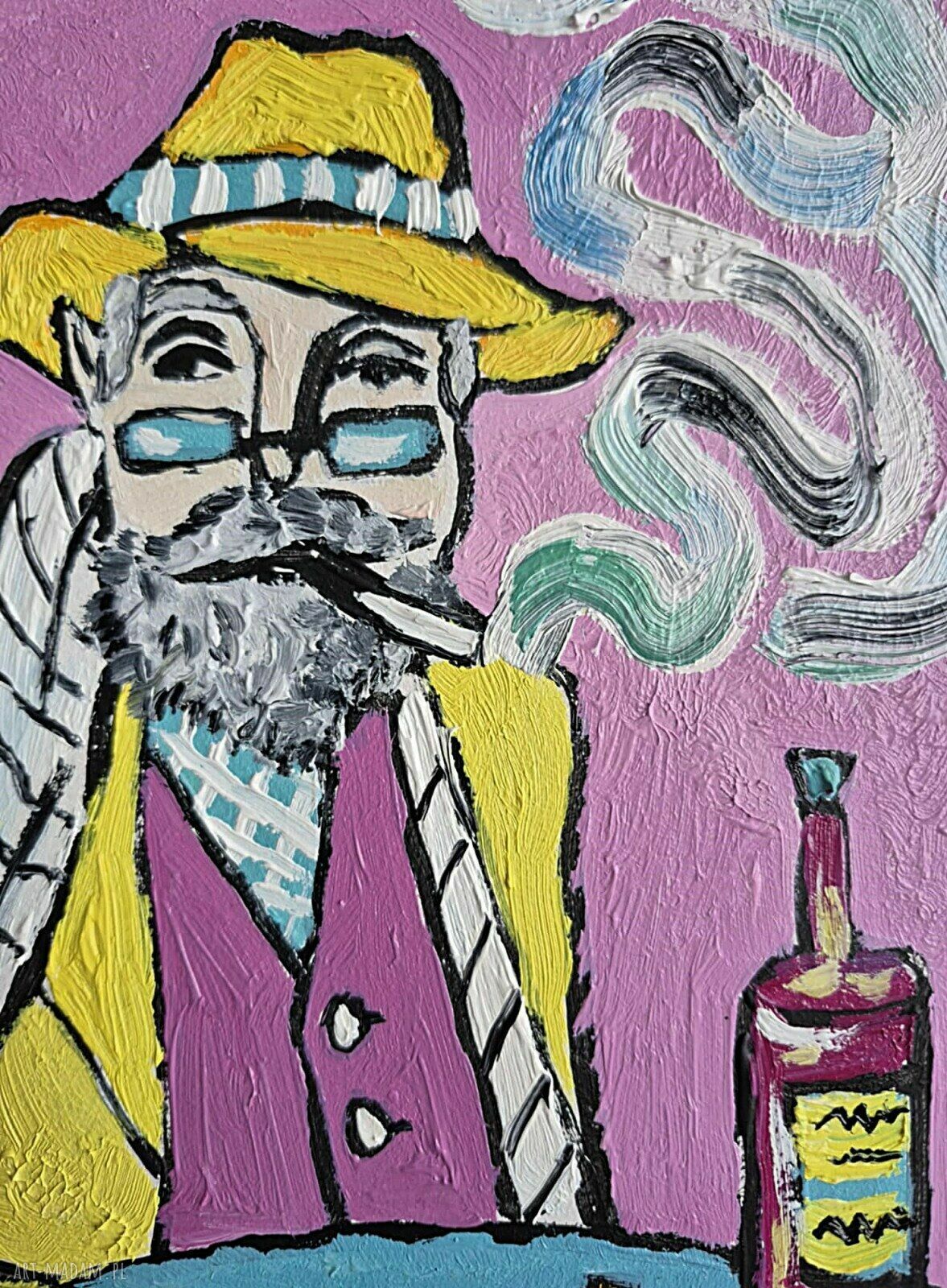Obraz olejny „Portret dziadka” wieczór przy niebieskim stole (21/29 cm) Edycja limitowana art Madam.pl