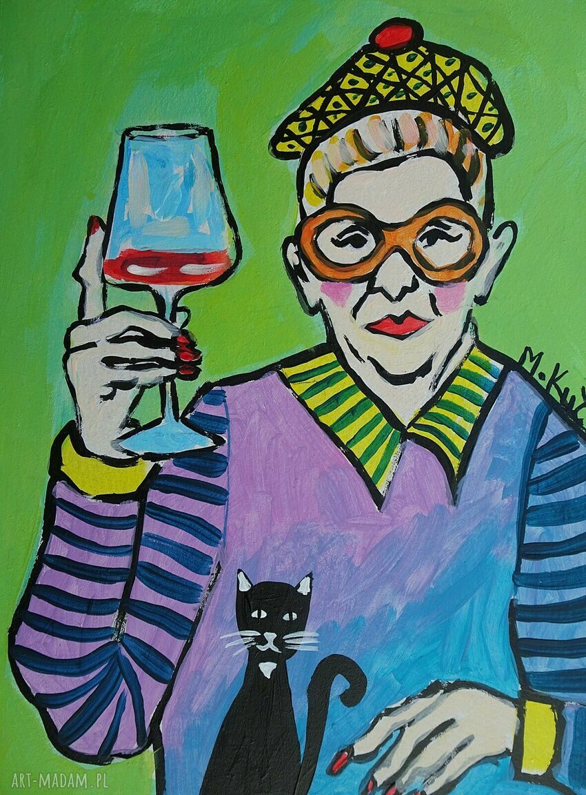 Obraz do salonu Babcia z lampką winka - malarstwo współczesne akryl na płycie A4 (limitowana edycja) - art-Madam.pl