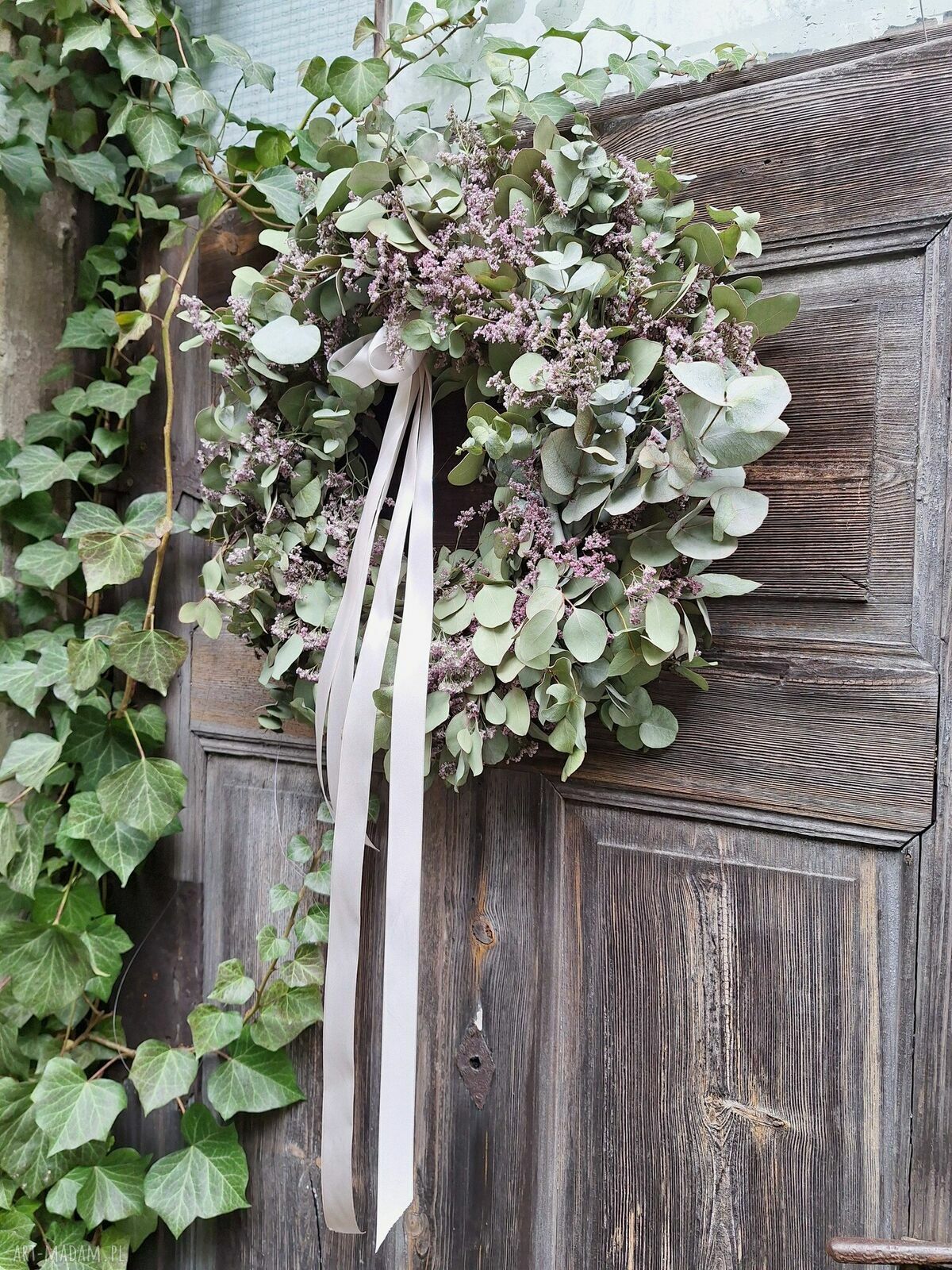 Wianek wielkanocny z eukaliptusa i limonium na drzwi lub stół - ręcznie robiony, ok. 60 cm
