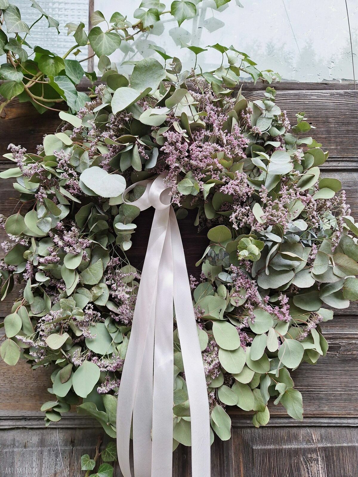 Wianek wielkanocny z eukaliptusa i limonium na drzwi lub stół - ręcznie robiony, ok. 60 cm