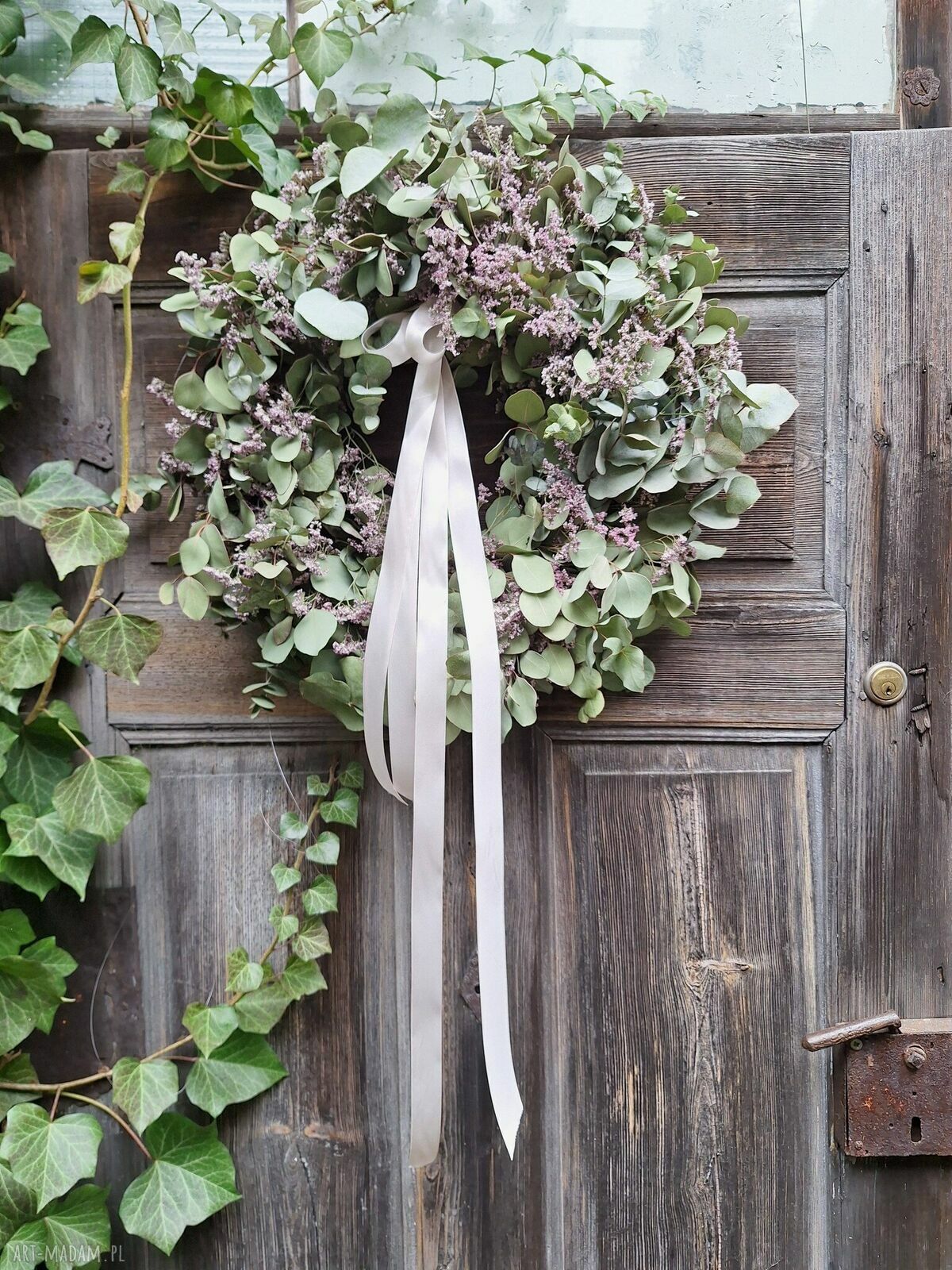 Wianek wielkanocny z eukaliptusa i limonium na drzwi lub stół - ręcznie robiony, ok. 60 cm
