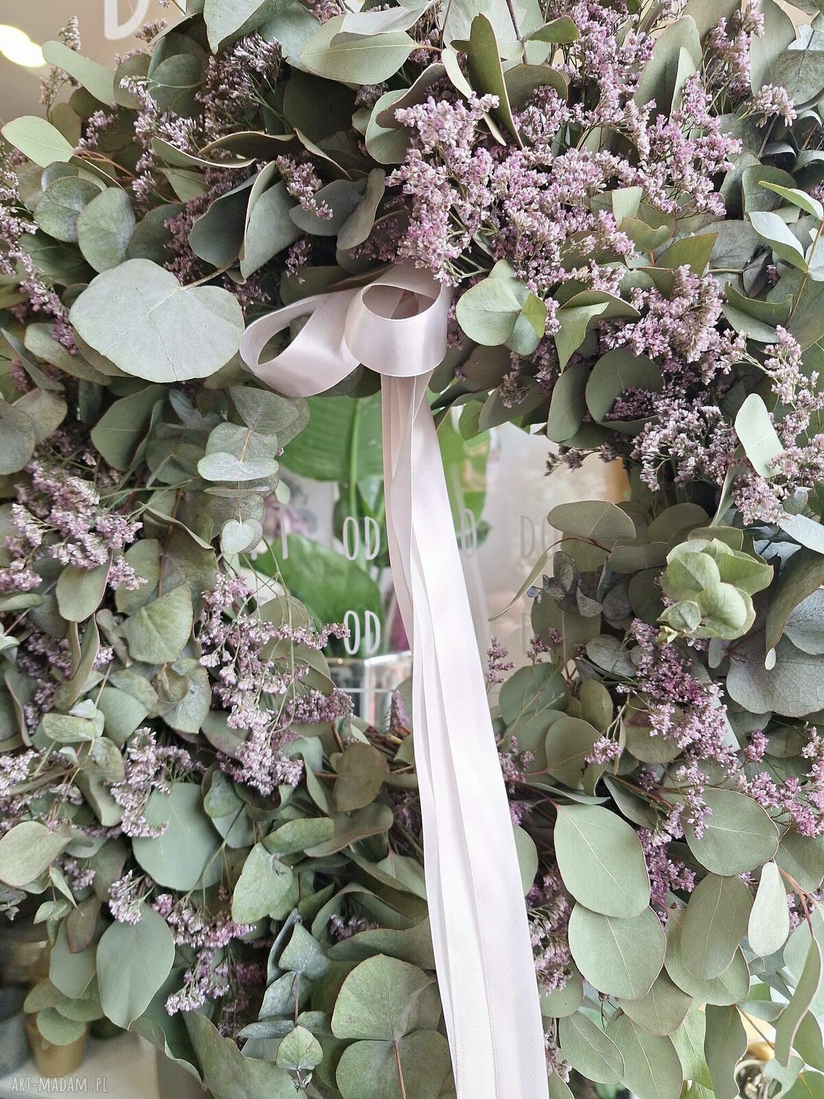 Wianek wielkanocny z eukaliptusa i limonium na drzwi lub stół - ręcznie robiony, ok. 60 cm