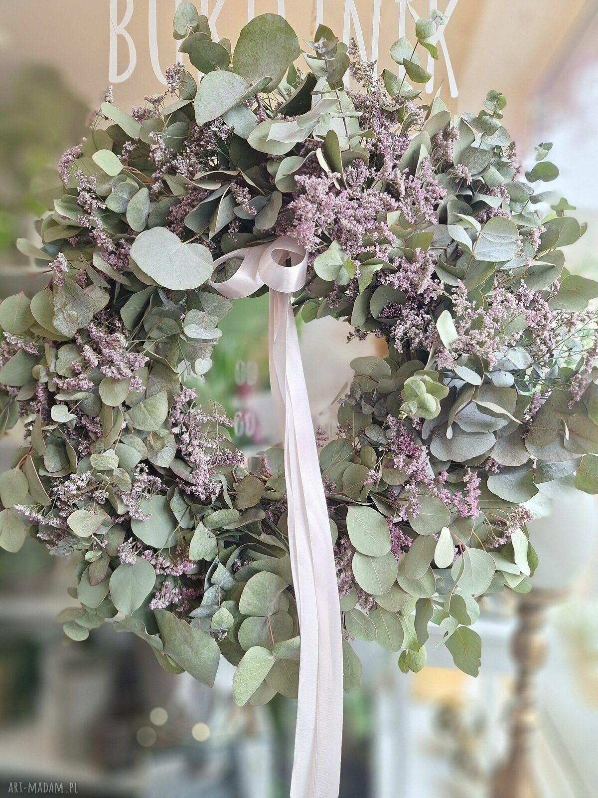 Wianek wielkanocny z eukaliptusa i limonium na drzwi lub stół - ręcznie robiony, ok. 60 cm