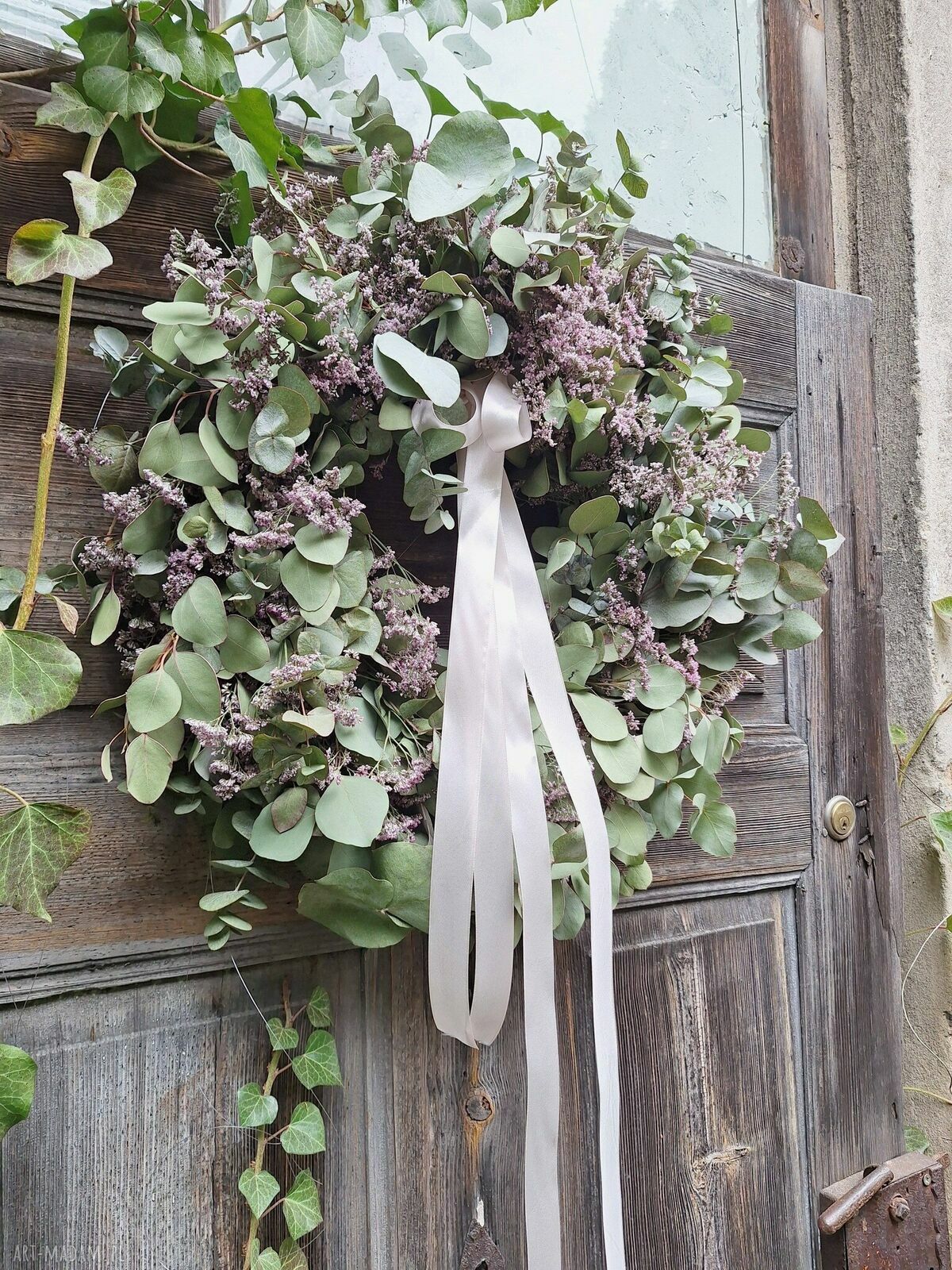 Wianek wielkanocny z eukaliptusa i limonium na drzwi lub stół - ręcznie robiony, ok. 60 cm