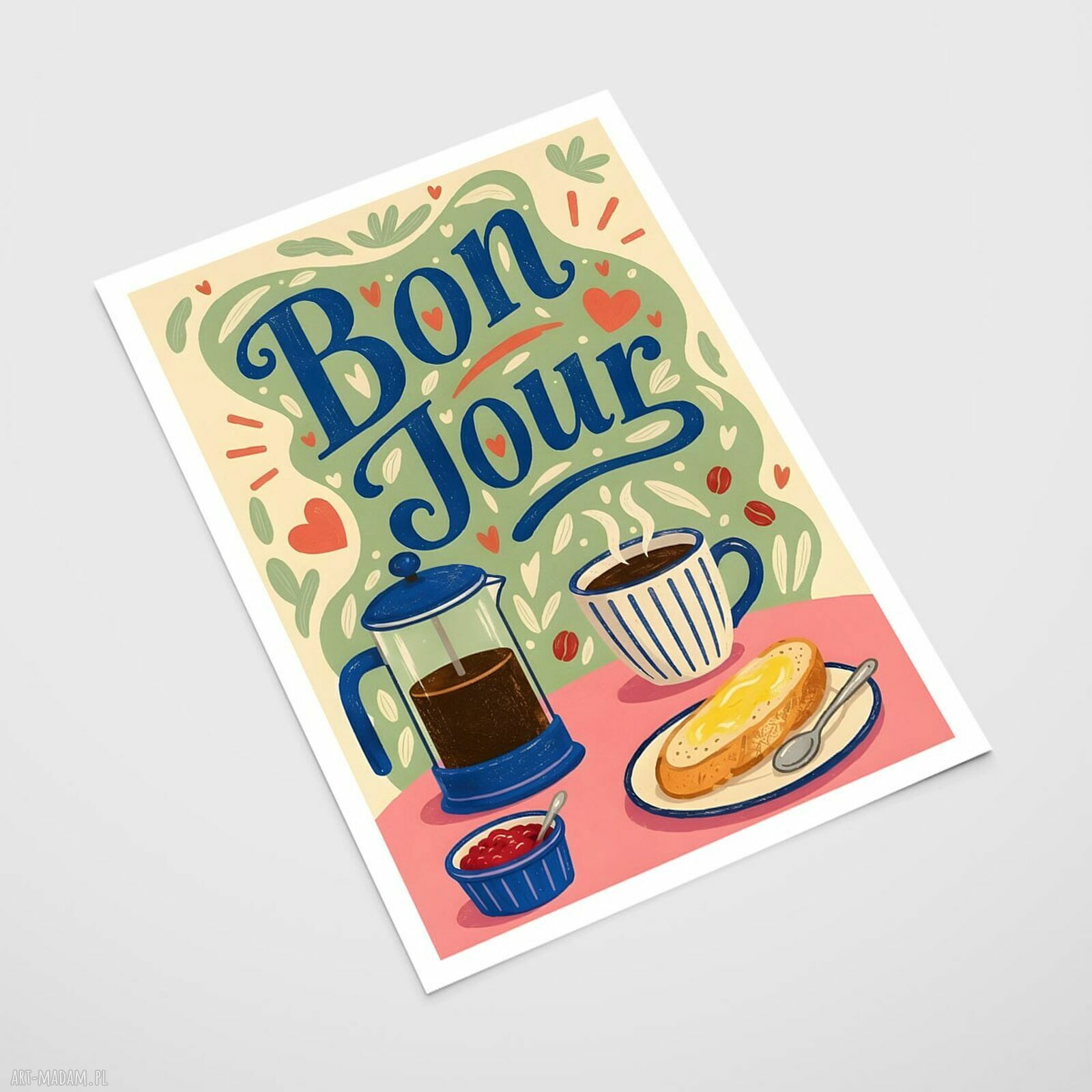 Plakat Kawa Bonjour - format A4, kolorowa ilustracja