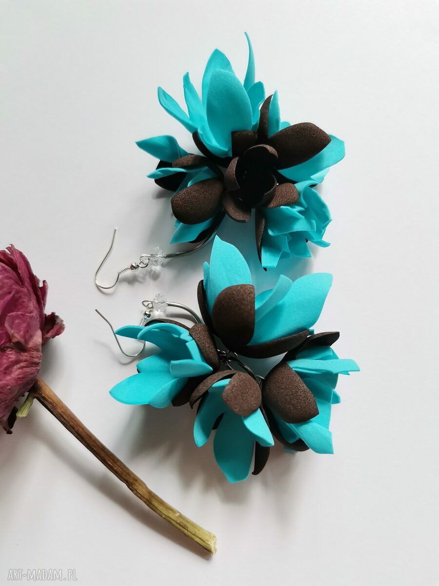 Kwiatowe kolczyki boho turkus i brąz na ślub - lekkie handmade