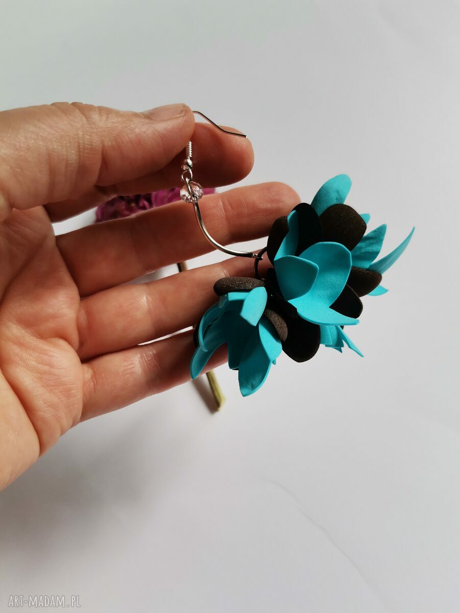 Kwiatowe kolczyki boho turkus i brąz na ślub - lekkie handmade
