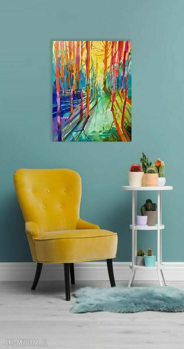 Kolorowy las: ręcznie malowany obraz akrylowy 50x40 cm na płótnie