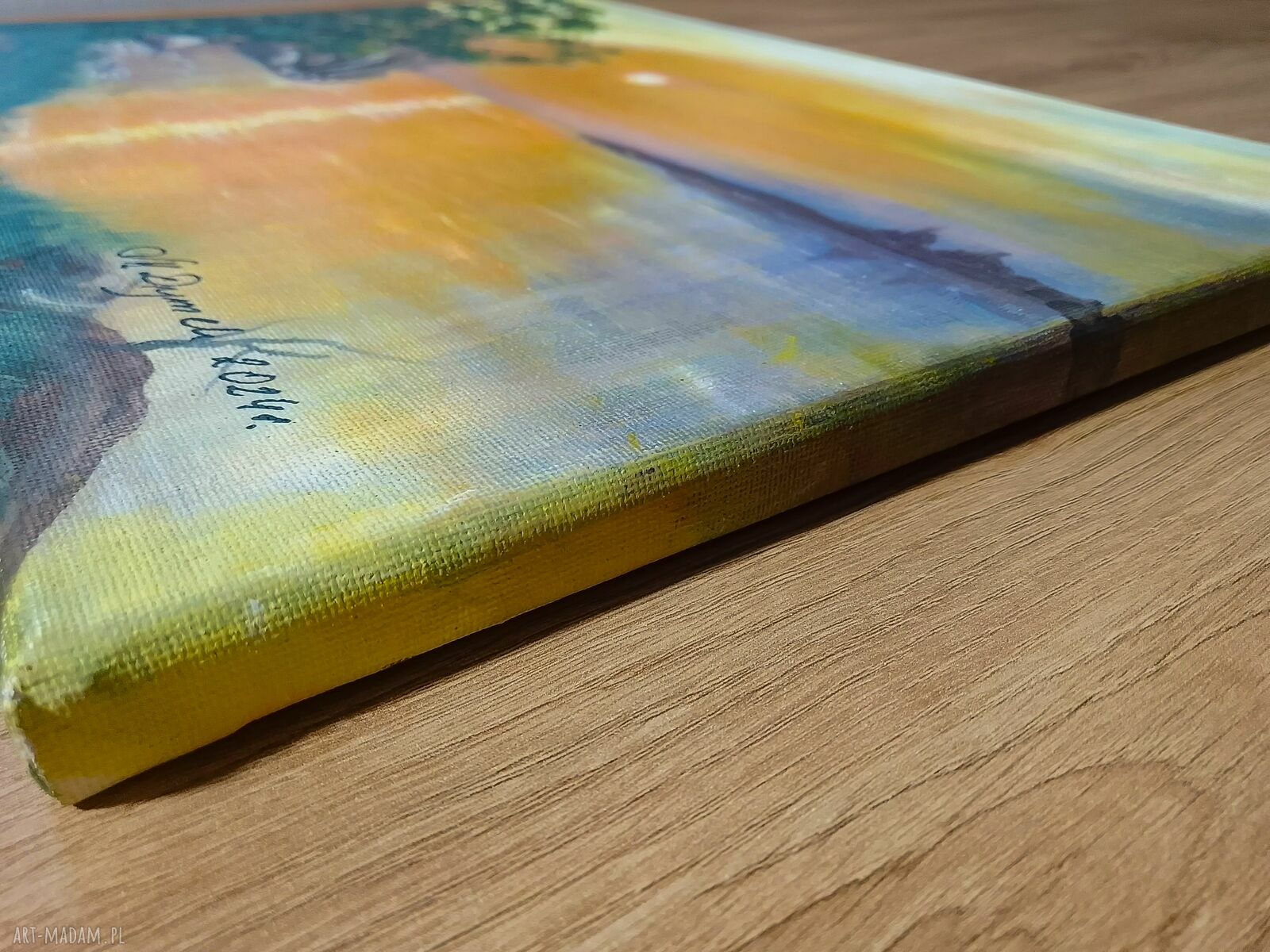 Pejzaż akrylowy ręcznie malowany - Słońce w pomarańczu (zachód słońca nad wodą) 30x40